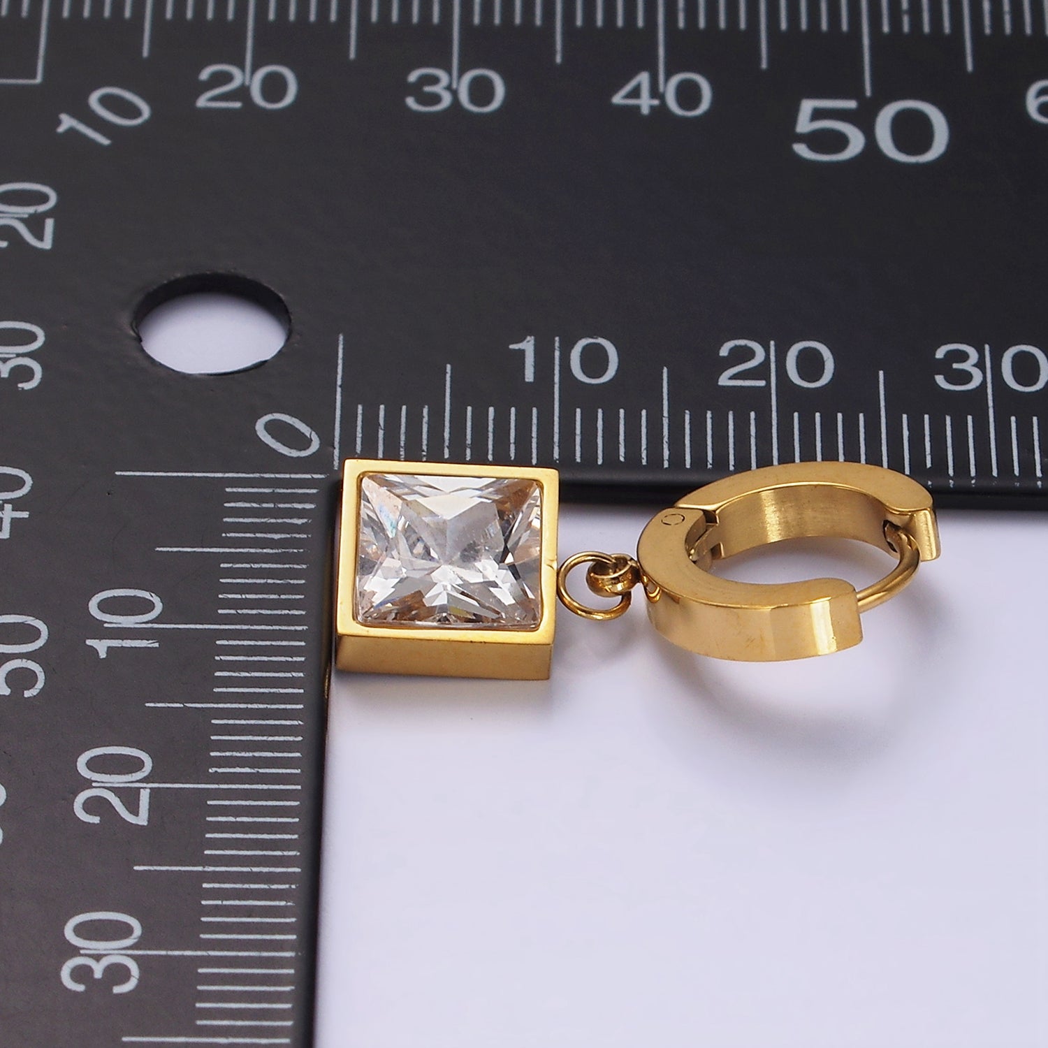 Stainless Steel Clear CZ Square Drop Huggie Earrings in Gold & Silver | AE397 AE398