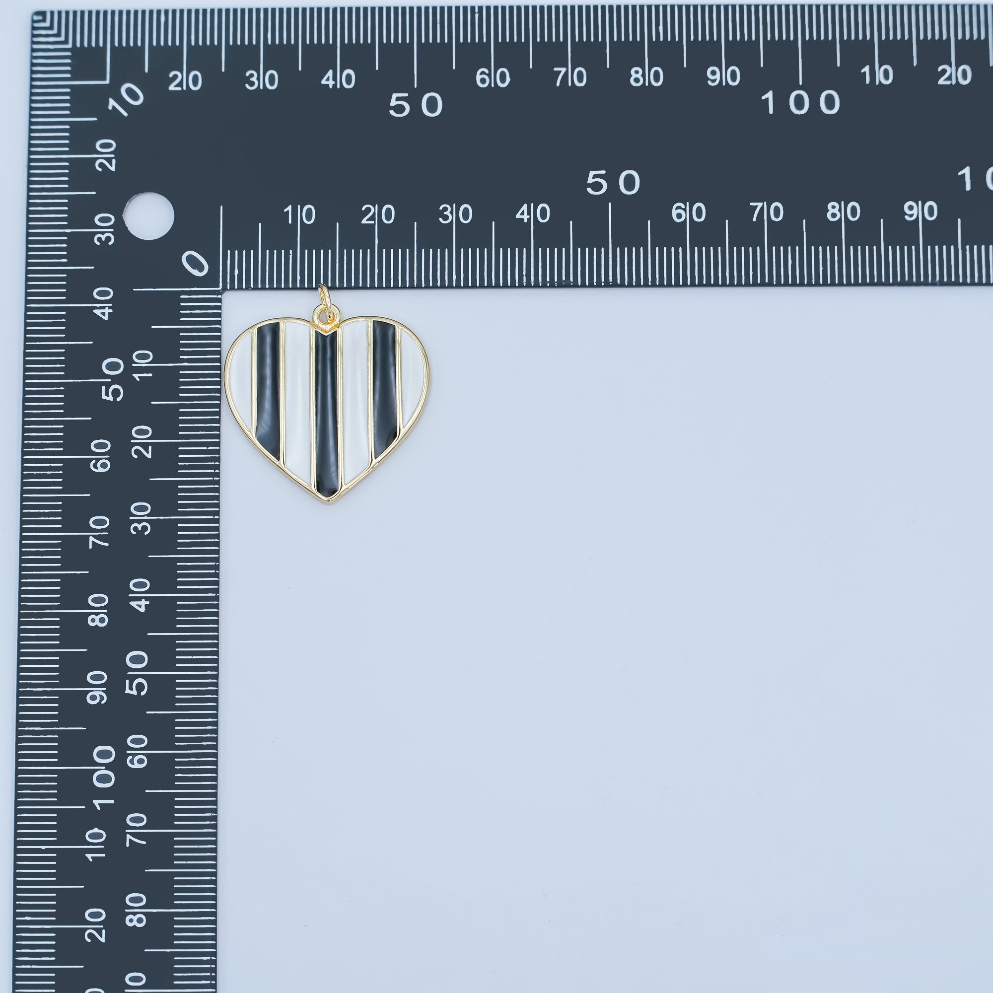 24K Gold Filled 26.5mm Black-and-White Striped Enamel Heart Charm | C050