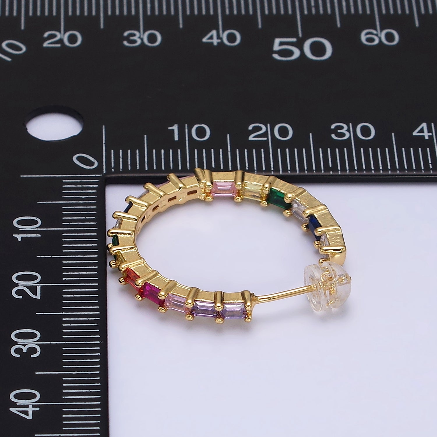 16K Gold Filled CZ Multicolor Baguette Lined Front-Facing 25mm C-Shaped Hoop Earrings | AD1160 - DLUXCA