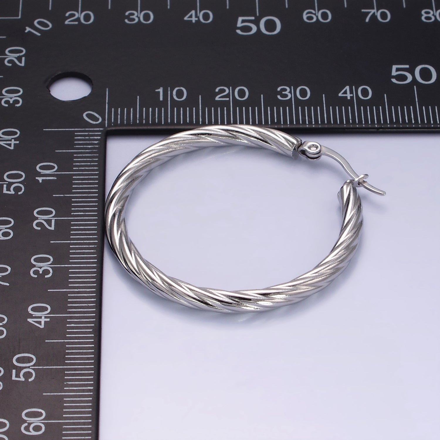 Stainless Steel 40mm Twisted Line-Textured Latch Hoop Earrings | AE247