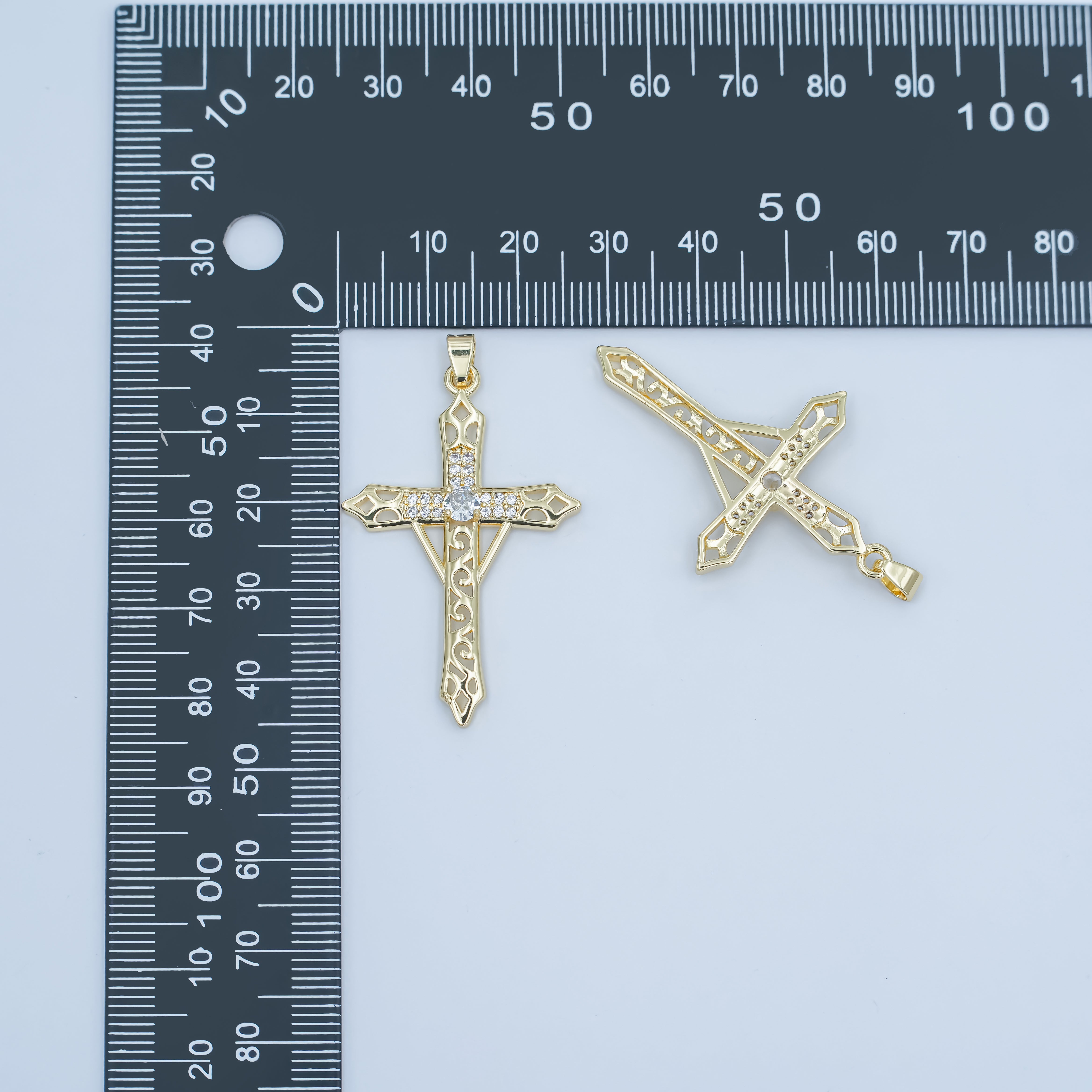 24K Gold Filled Clear CZ Micro Paved Geometric Filigree Cross Pendant | AA1505