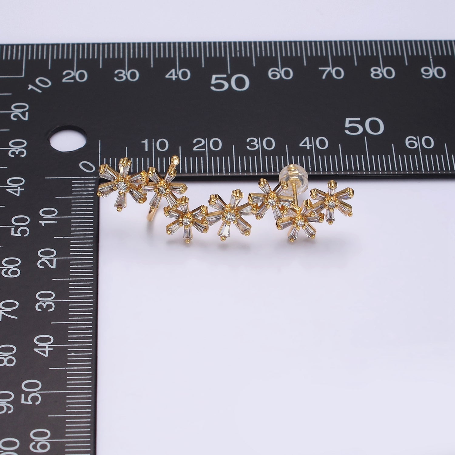 16K Gold Filled Multiple Flower Clear Baguette Ear Crawler Cuff Stud Earrings in Gold & Silver | G376 G381 - DLUXCA