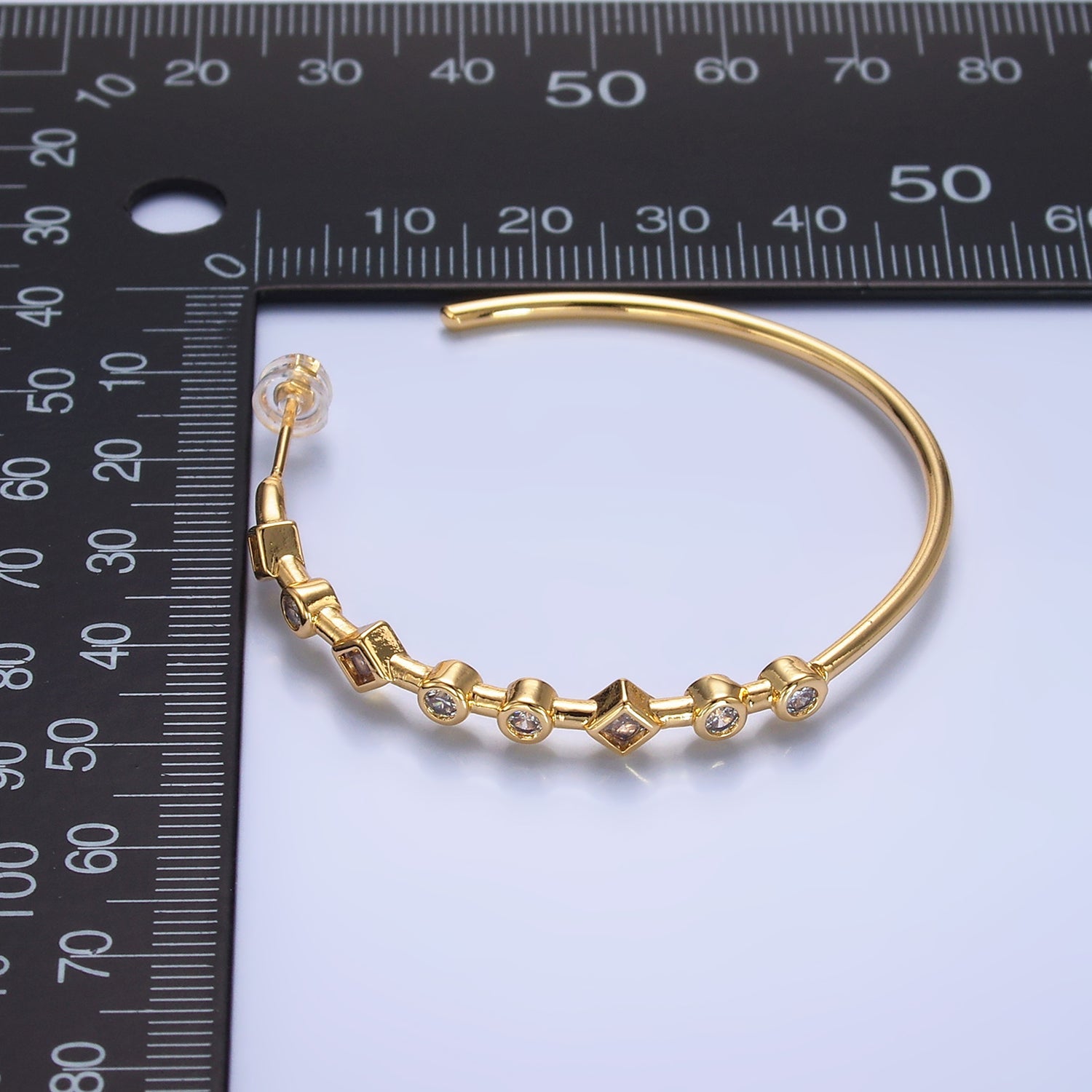 24K Gold Filled 50mm Clear CZ Geometric C-Shaped Hoop Earrings | T125