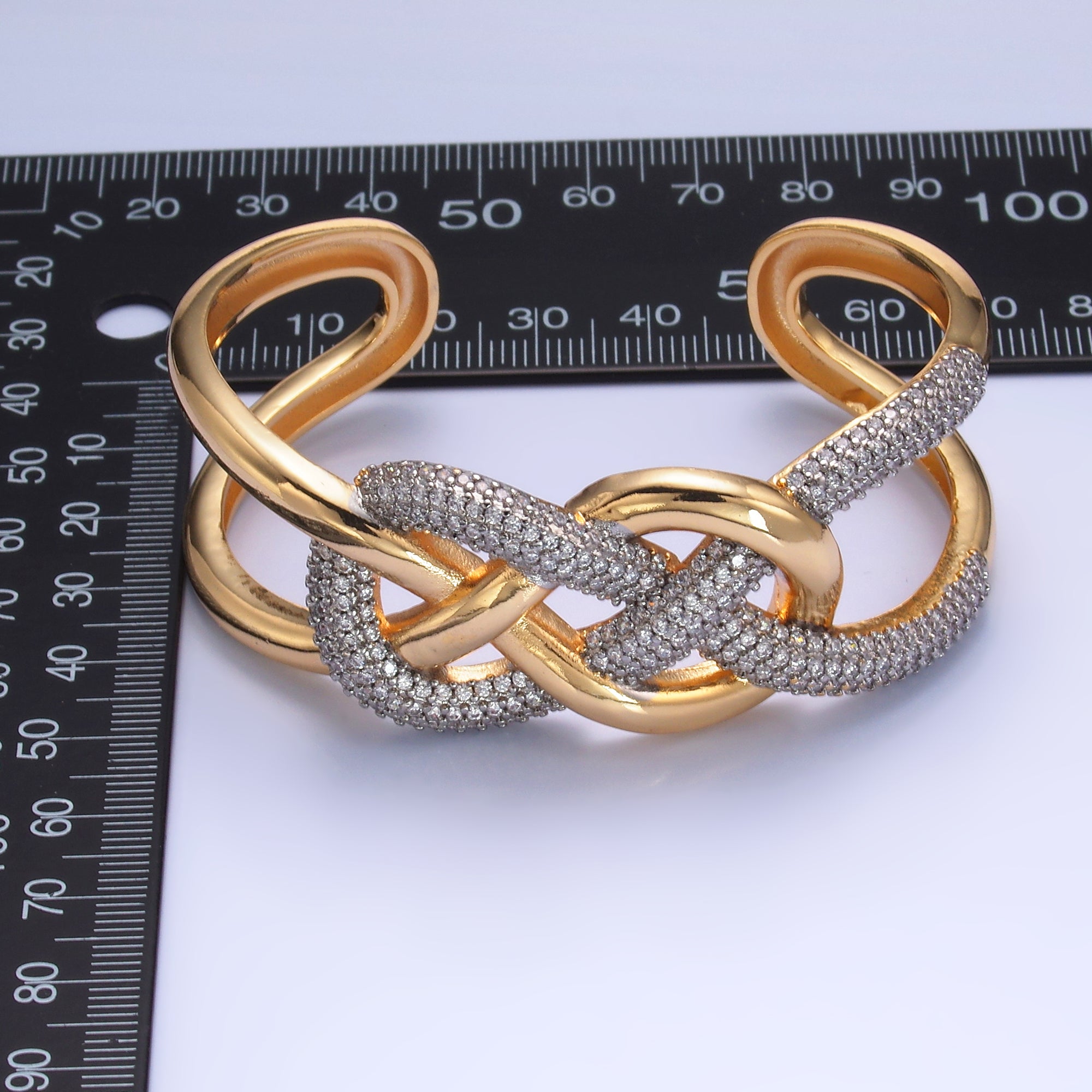 24K Gold Filled Micro Paved CZ Mixed Metal Artisan Band Cuff Bracelet | WA-2725