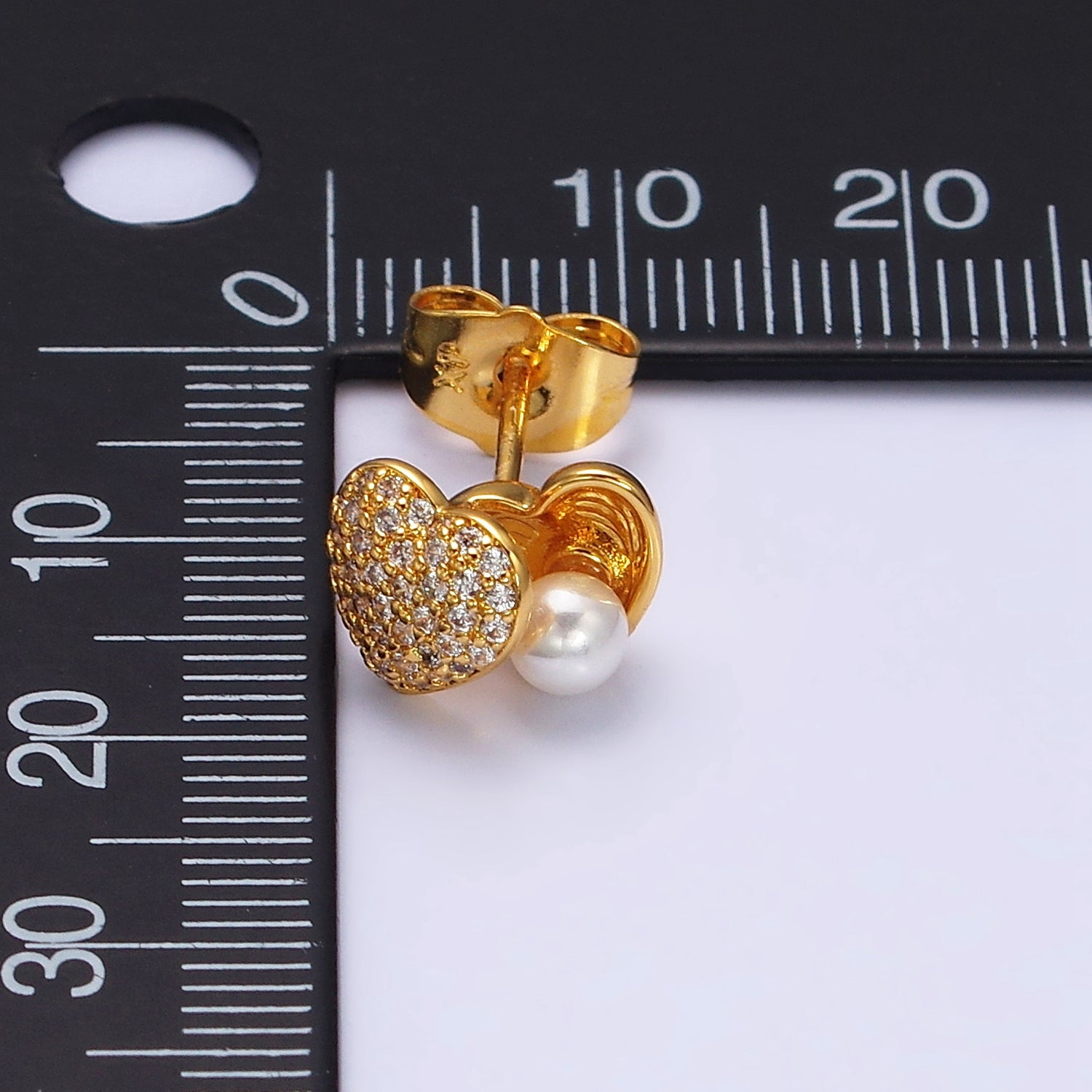 24K Gold Filled Open Micro Paved CZ Heart Pearl Stud Earrings Set | AD1427 - DLUXCA