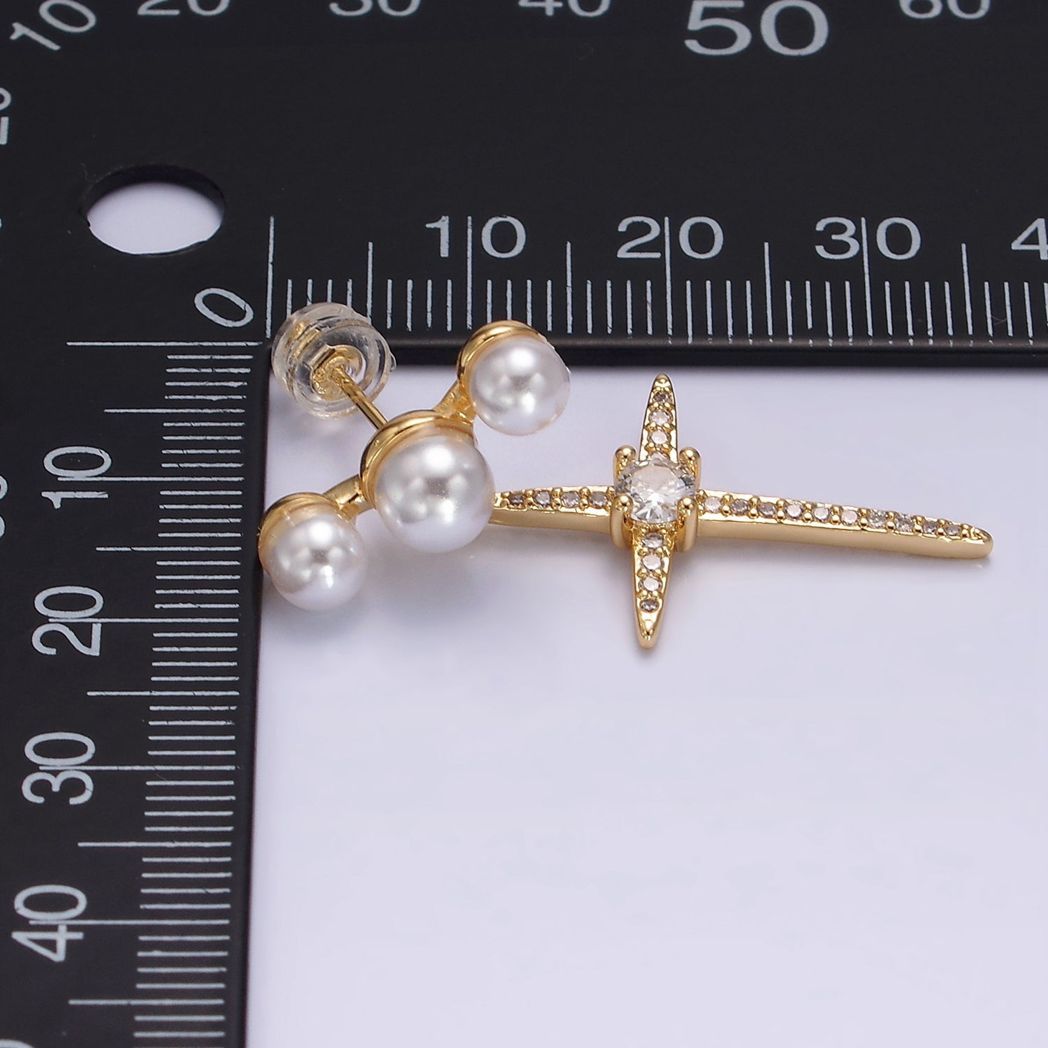 14K Gold Filled Celestial North Star Micro Paved CZ Triple Pearl Stud Earrings in Gold & Silver | AE1041 AE-926 - DLUXCA