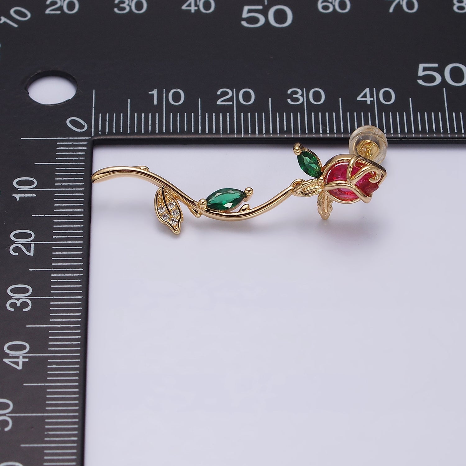 16K Gold Filled Red, Pink Rose Flower Green Marquise CZ Gold Stud Earrings | AE825 AE826 - DLUXCA