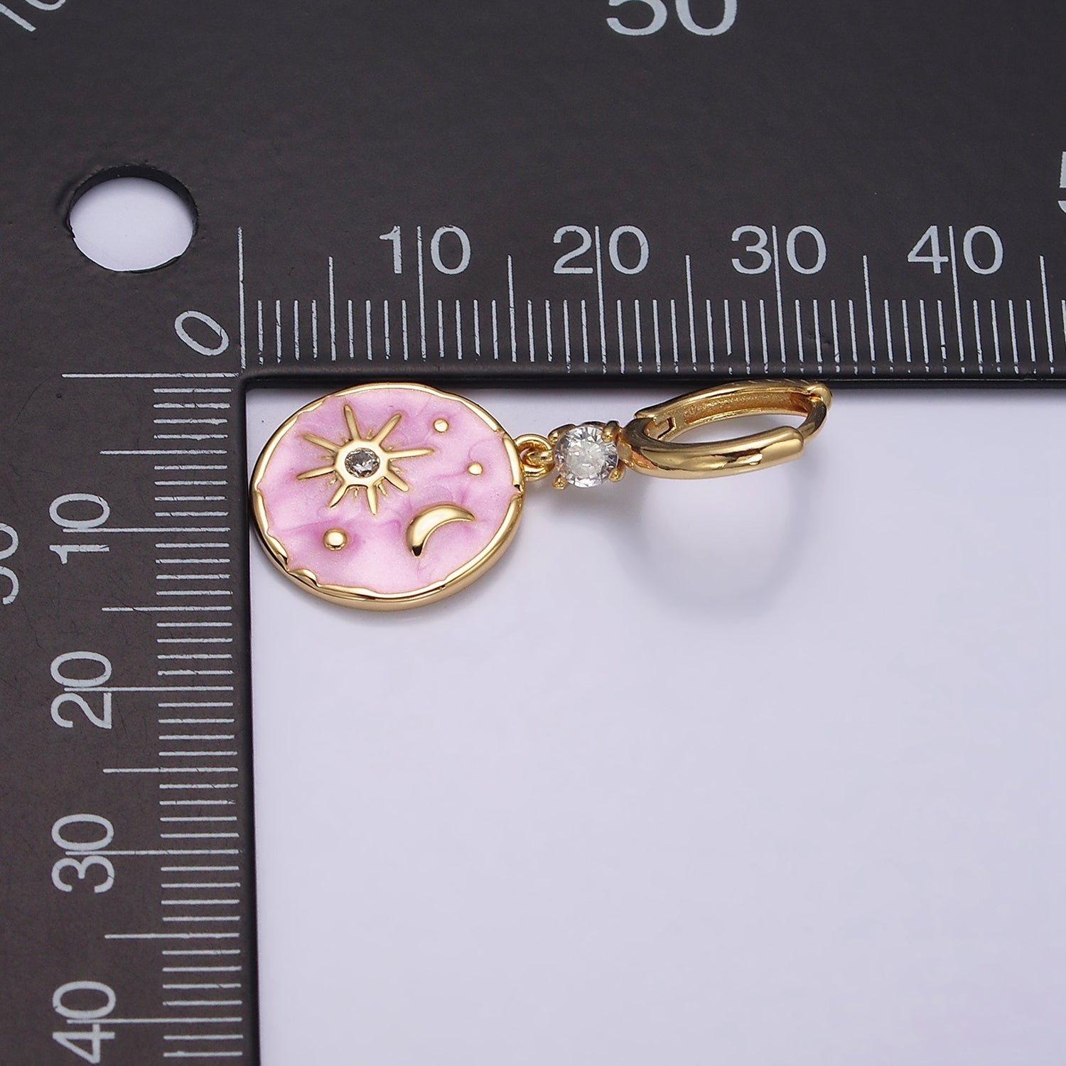 16K Gold Filled Celestial Sun Star Crescent Moon White, Blue, Pink Sparkly Enamel Round Stamped CZ Drop Huggie Earrings | AE831 - AE833 - DLUXCA