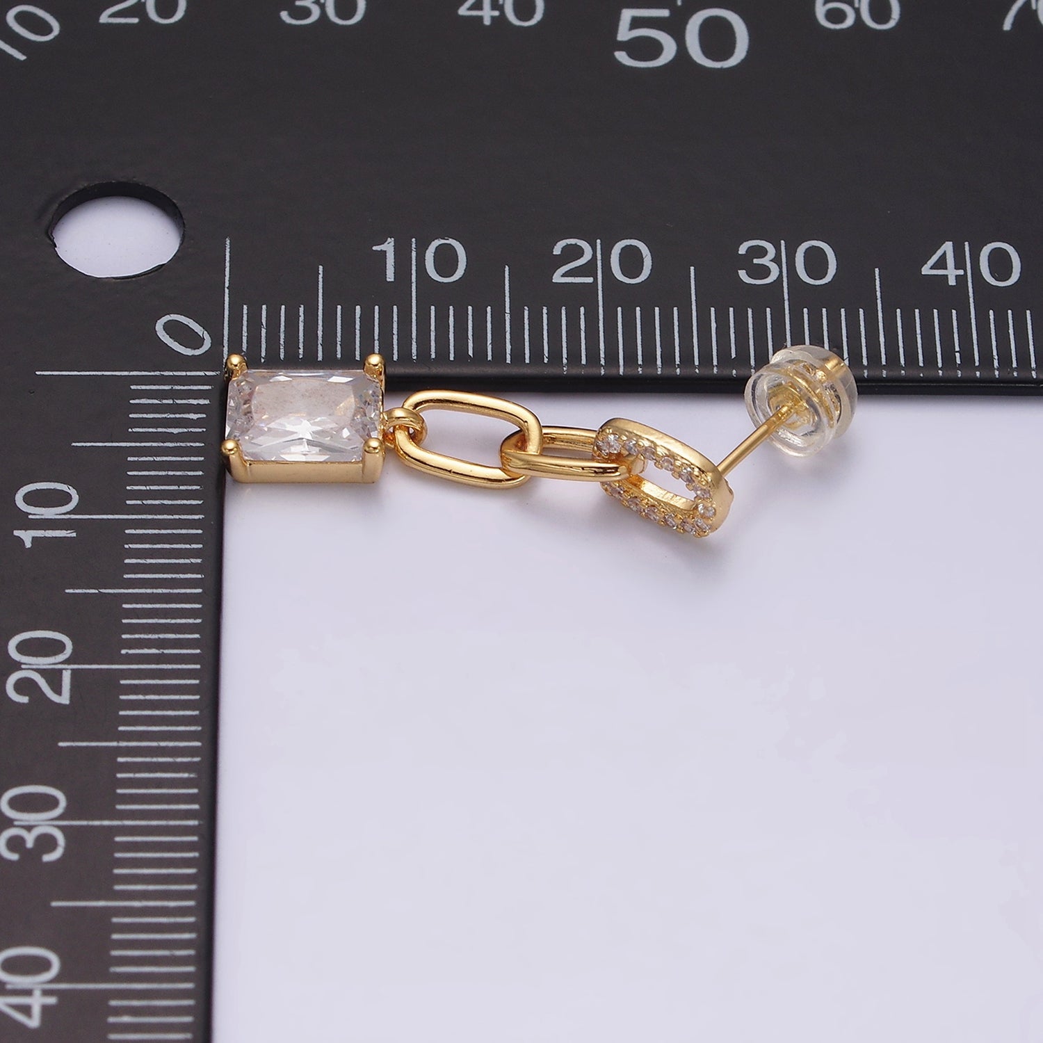 16K Gold Filled Clear Baguette Micro Paved CZ Cable Paperclip Link Drop Stud Earrings in Gold & Silver | Y881 Y882 - DLUXCA