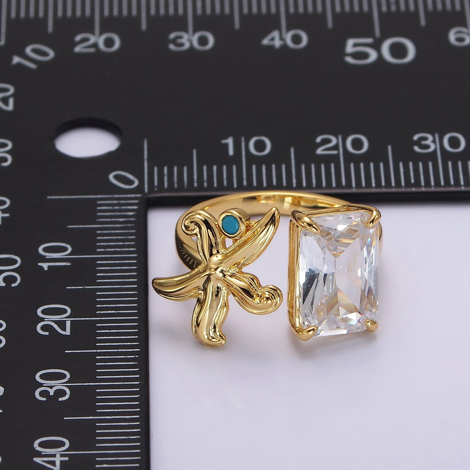 24K Gold Filled Starfish Turquoise Clear Baguette CZ Open Claw Ring | O1238