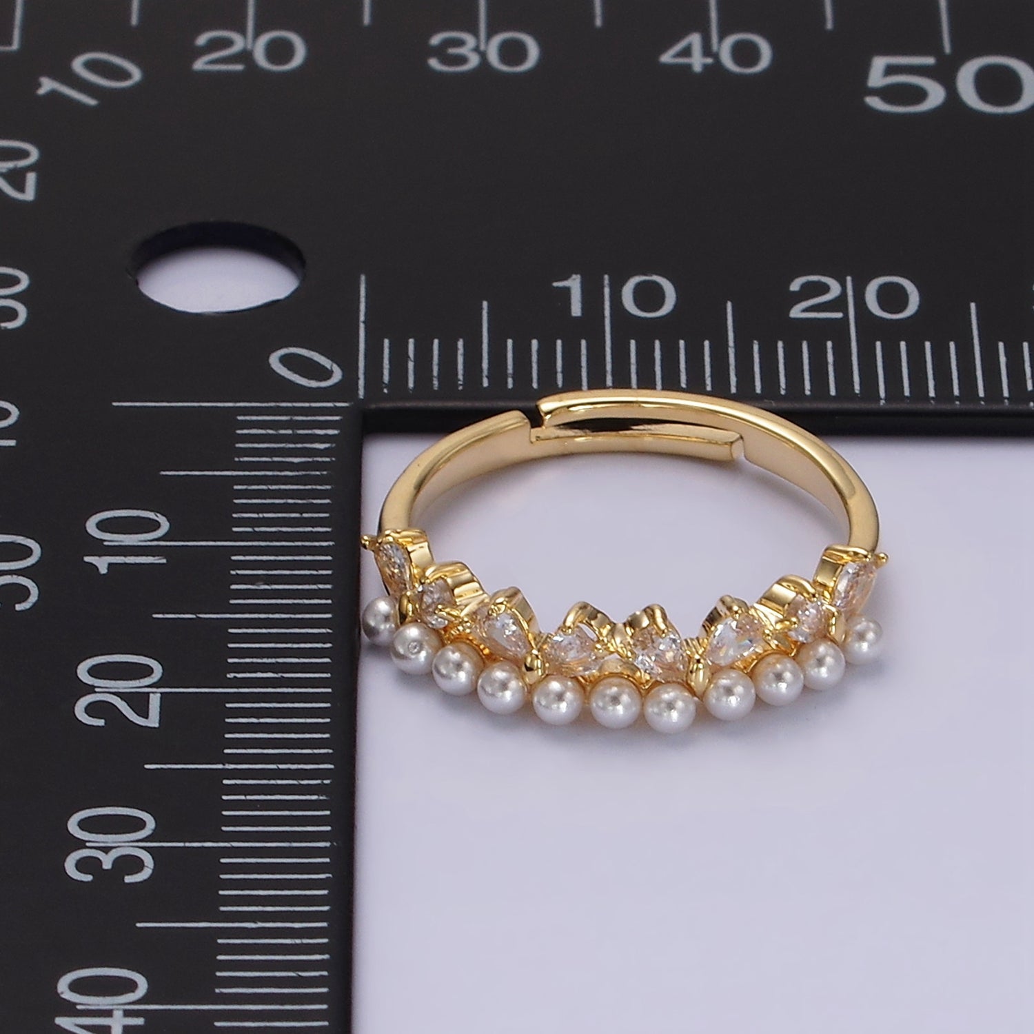 14K Gold Plated Pearl Clear CZ Teardrop Lined Adjustable Ring | O1190