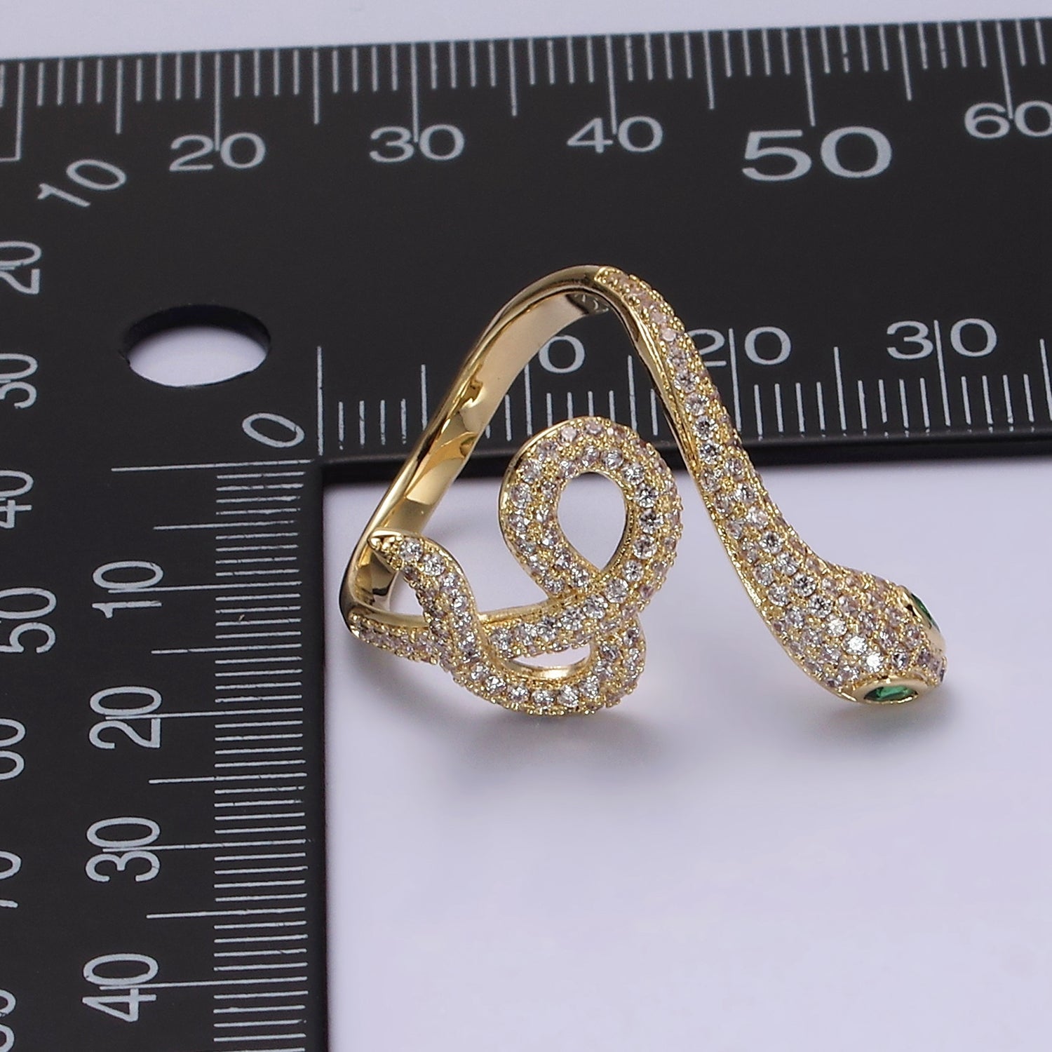 Gold Plated Green Eyed CZ Micro Paved Snake Serpent Ring | O1189