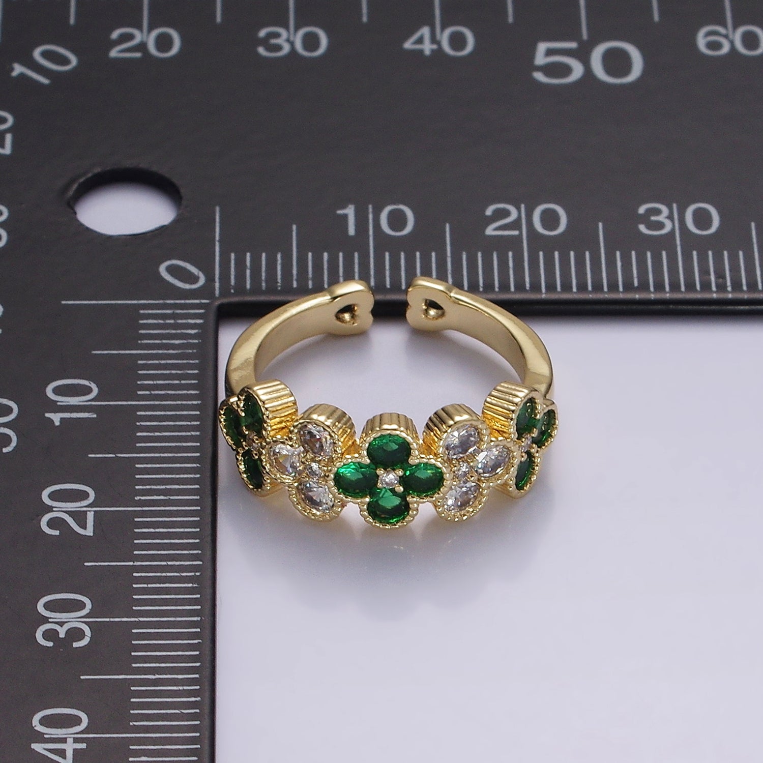 14K Gold Filled Green CZ Quatrefoil Lined Ring | O1213