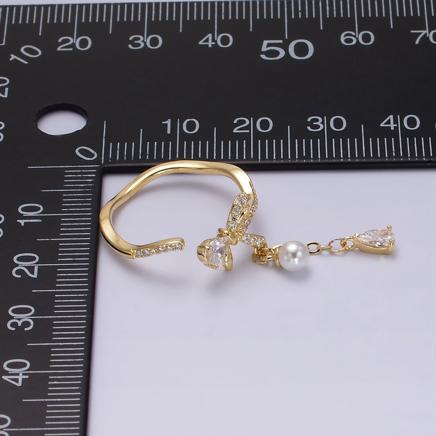 14K Gold Filled Ribbon Bow Micro Paved CZ Teardrop Pearl Drop Ring | O1187 - DLUXCA