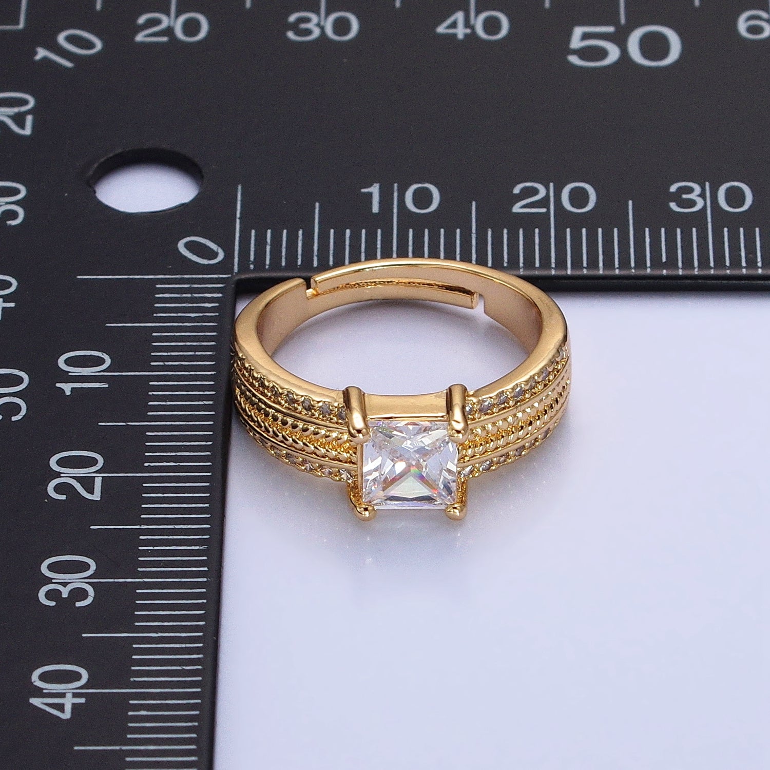 16K Gold Filled Clear Square CZ Curb Textured Band Ring in Gold & Silver | S512 AA1108 - DLUXCA