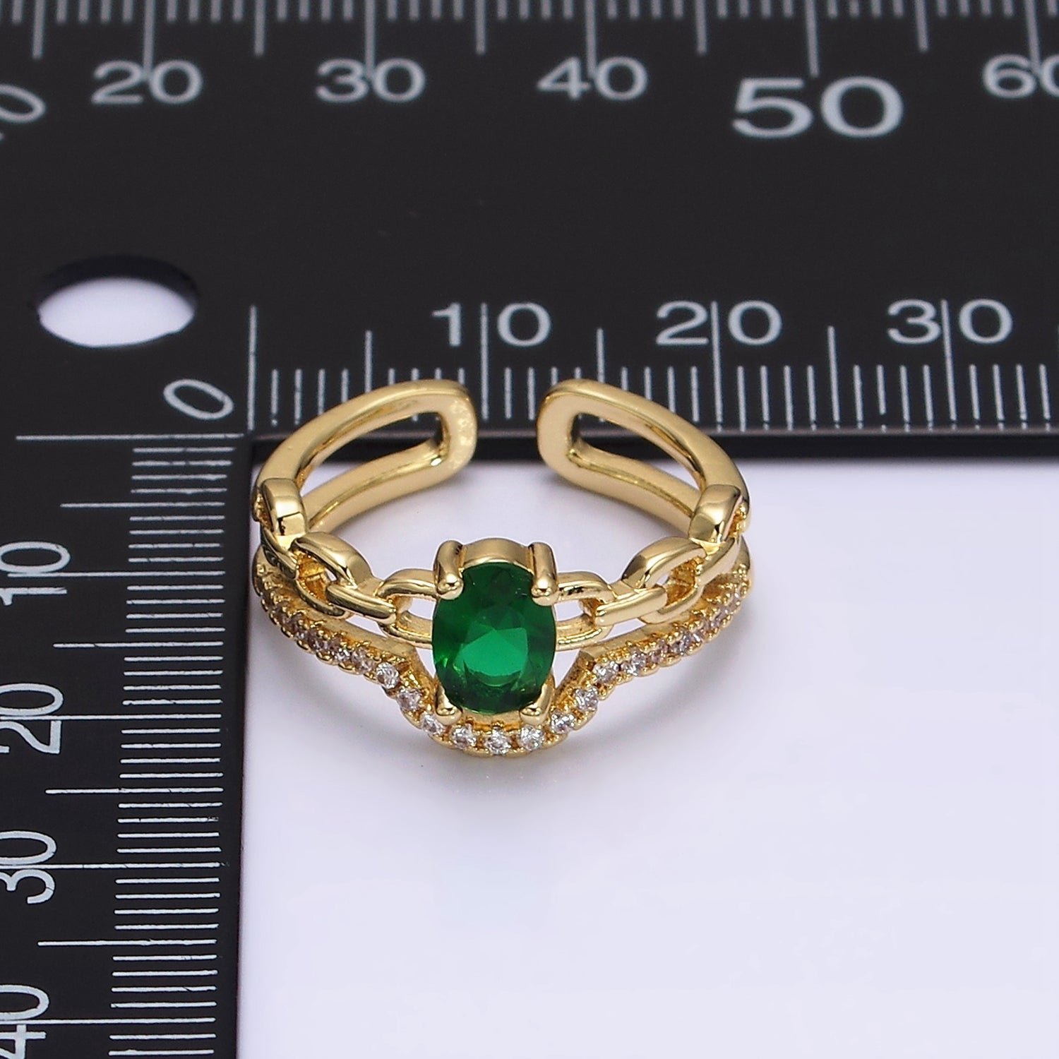 16K Gold Filled Green CZ Oval Cable Link Micro Paved CZ Double Band Ring | AA1427 - DLUXCA