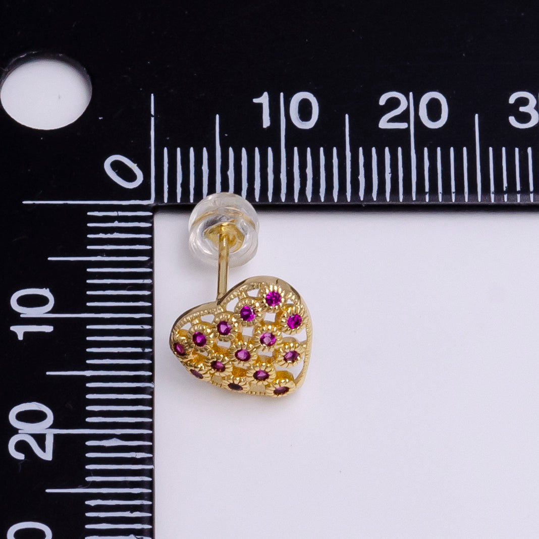 16K Gold Filled Fuchsia CZ Open Heart 10mm Stud Earrings in Gold & Silver | AE781 AE792 - DLUXCA