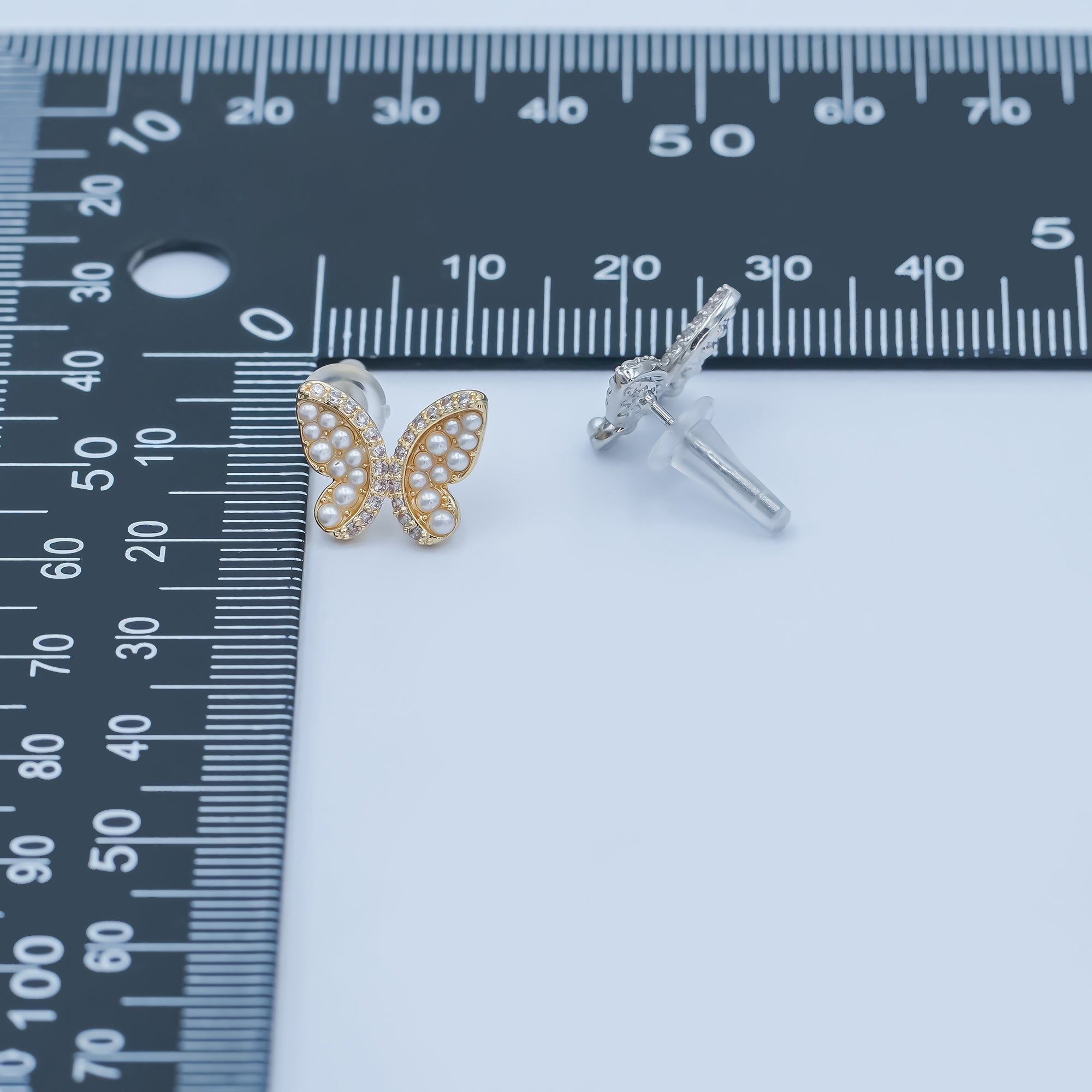 24K Gold Plated Micro Paved CZ Shell Pearl Butterfly Stud Earrings Set in Gold & Silver | AB263 AB264