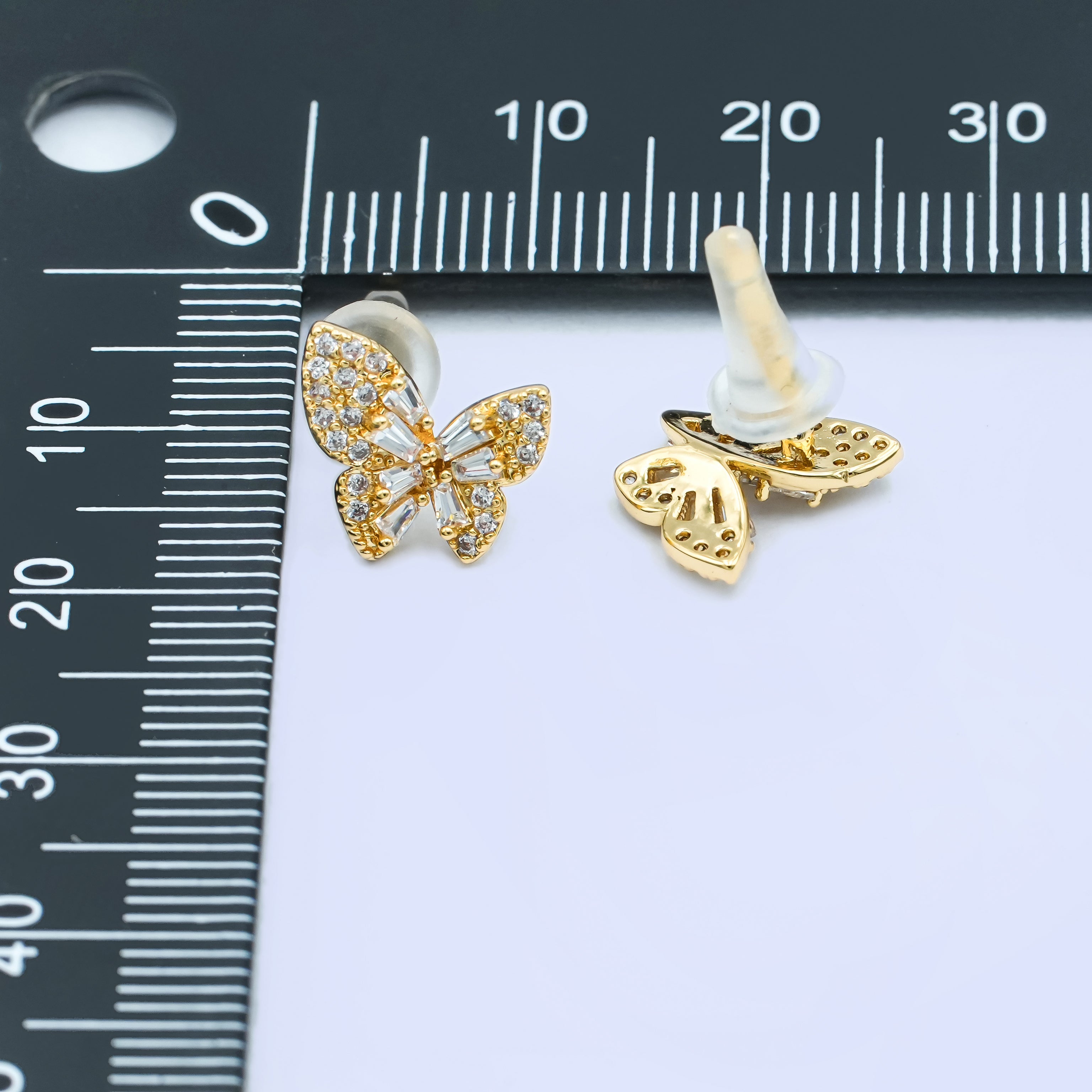 24K Gold Plated Baguette Micro Paved CZ Butterfly Stud Earrings Set in Gold & Silver | AB200 AB221