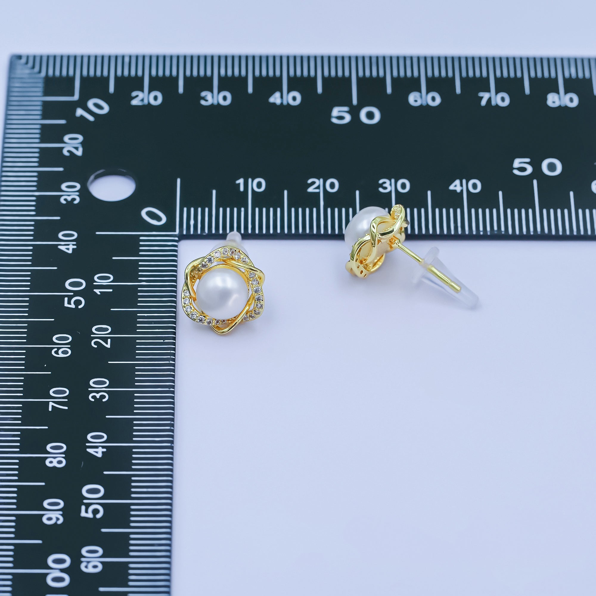 24K Gold Filled Shell Pearl Wave Micro Paved Stud Earrings | AB1103