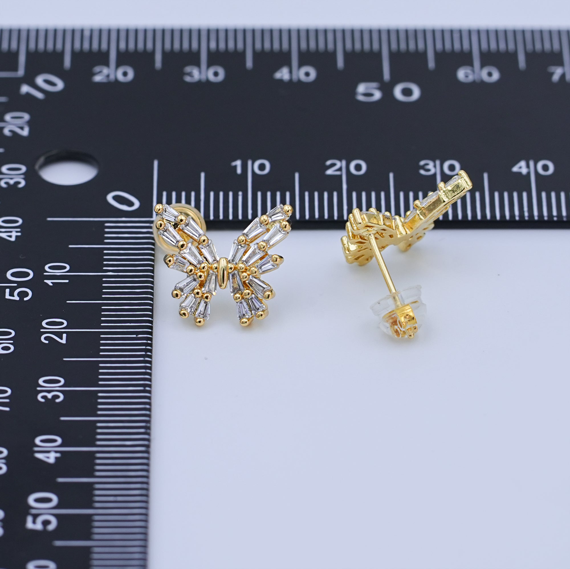 24K Gold Filled Baguette CZ Butterfly Insect Stud Earrings | AB872