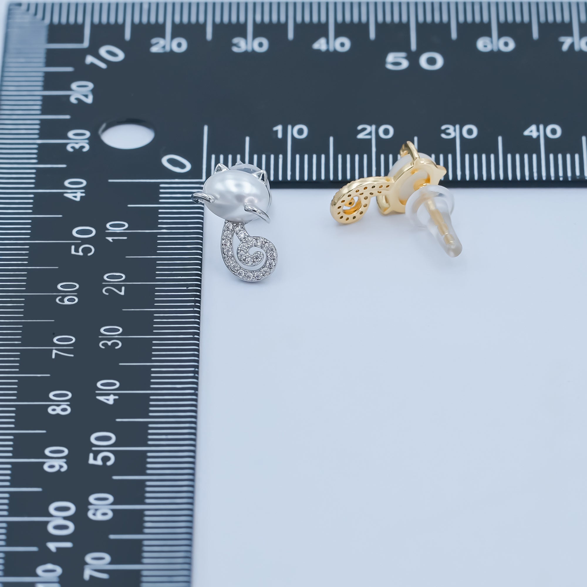 24K Gold Plated Shell Pearl Micro Paved CZ Kitten Cat Stud Earrings in Gold & Silver | AB1085 AB1090