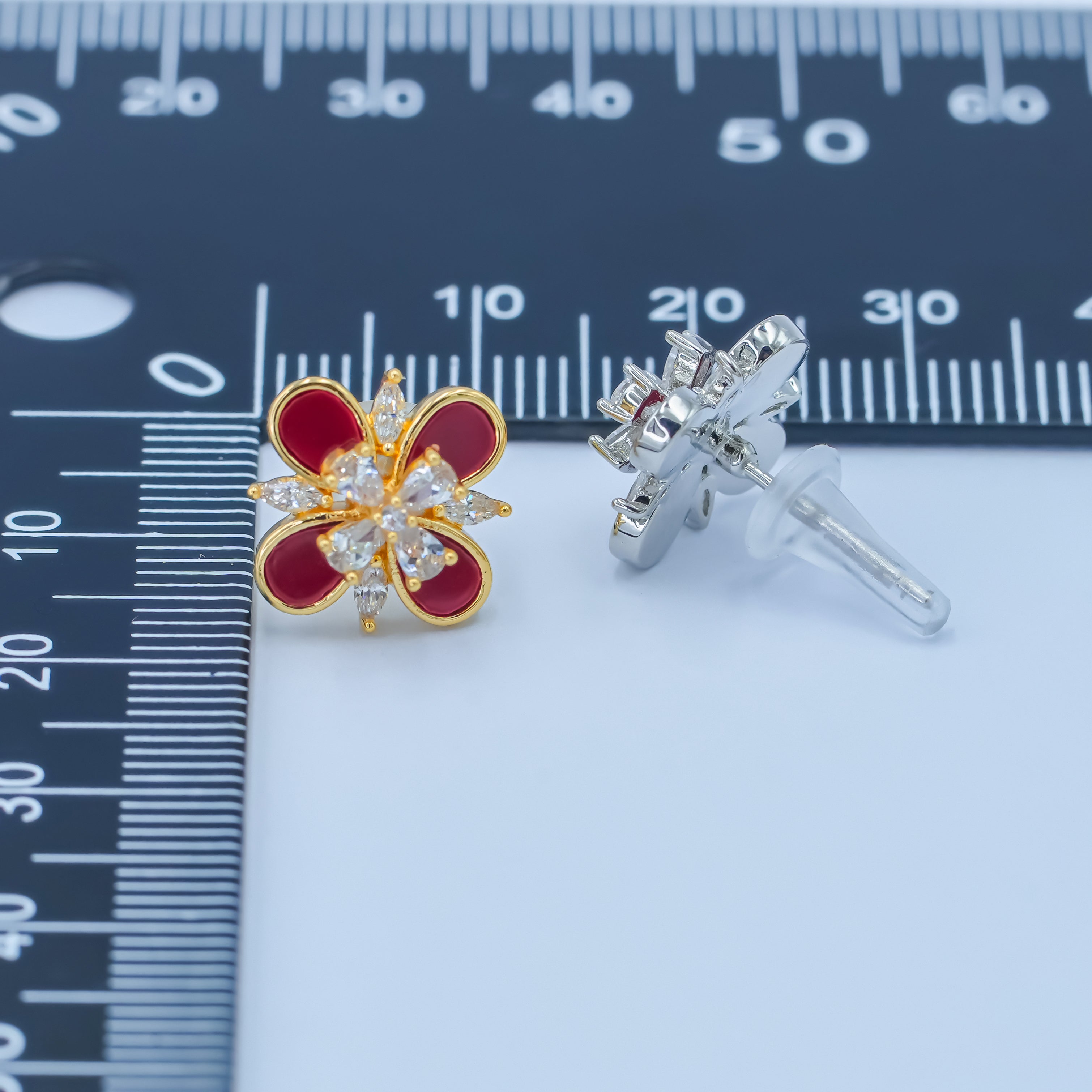 24K Gold Plated CZ Carnelian Red Flower Stud Earrings in Gold & Silver | AB177 AB178