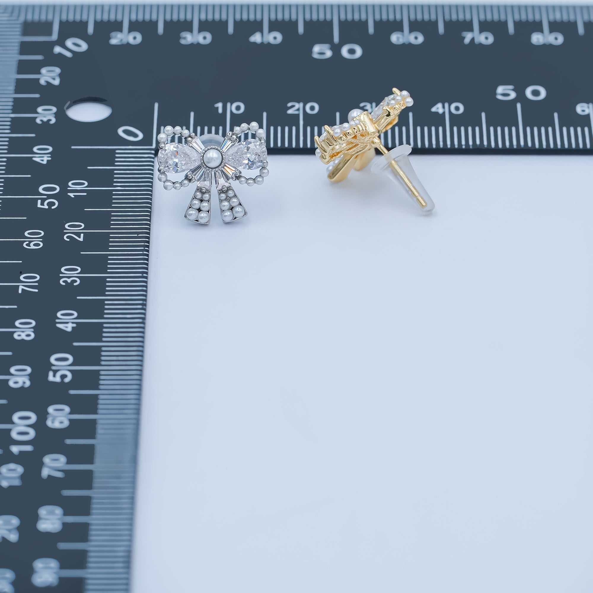 24K Gold Plated CZ Shell Pearl Ribbon Bow Stud Earrings in Gold & Silver | AB170 AB172