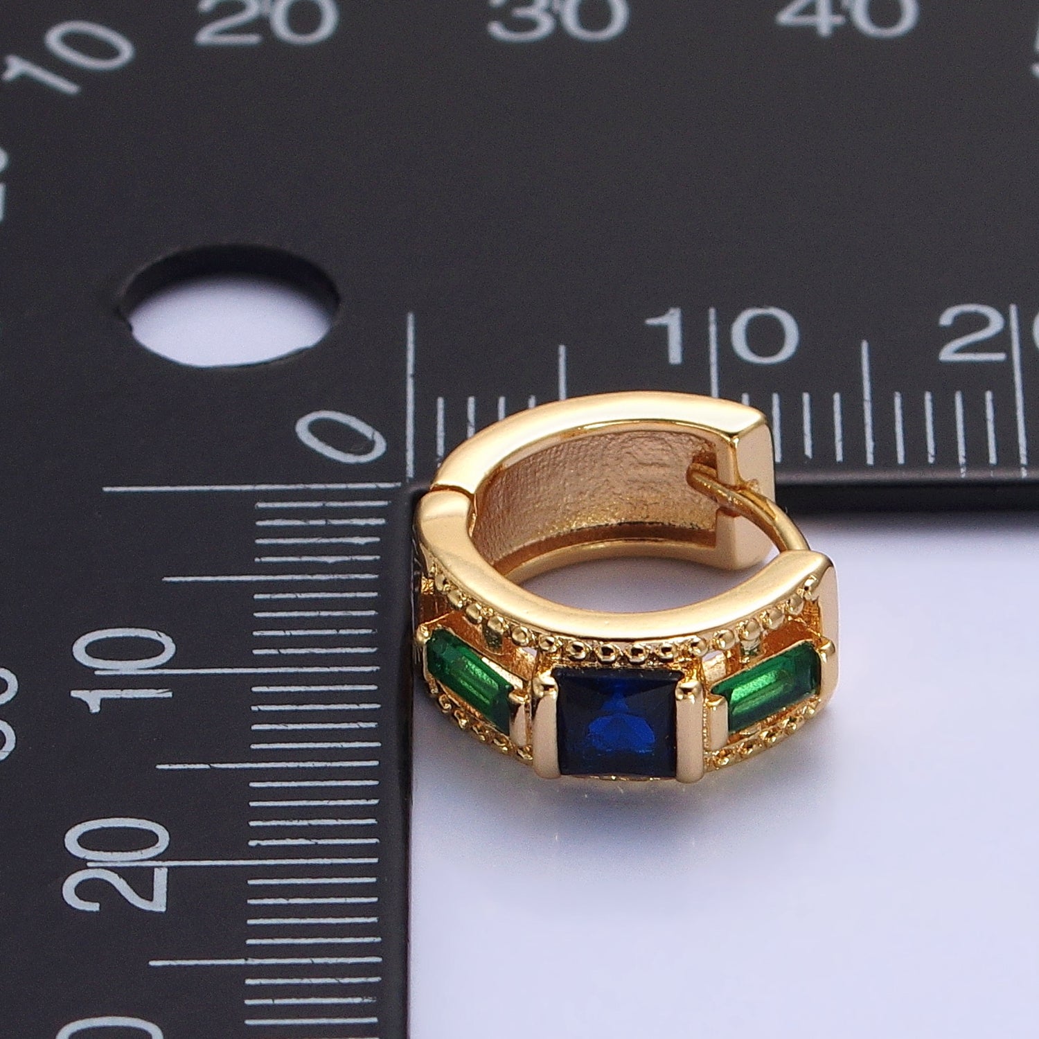 Silver, Gold Green Baguette Blue Square CZ Lined Wide 13.5mm Huggie Earrings | AB804 AB822 - DLUXCA