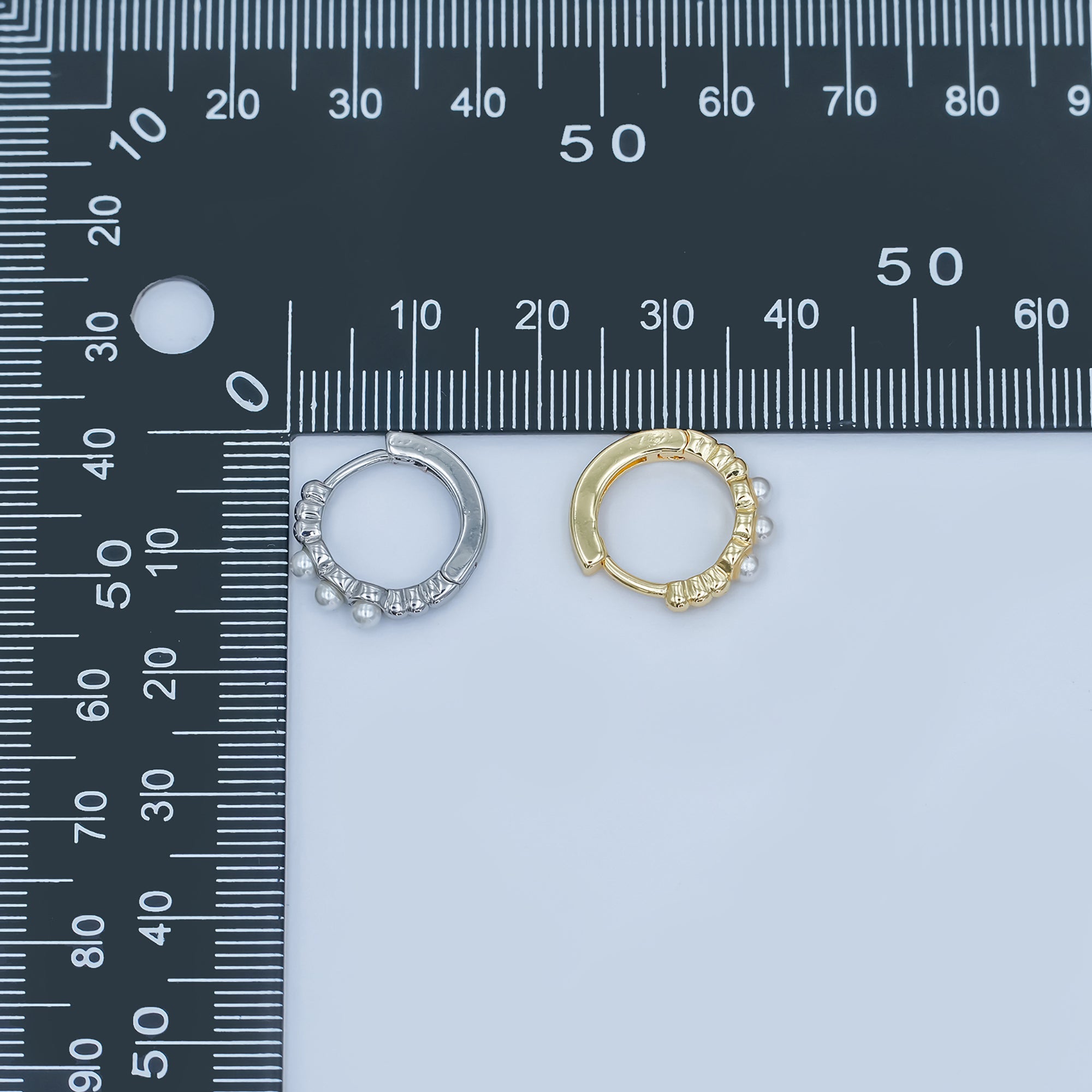 24K Gold Filled 14mm Shell Pearl Dotted Huggie Earrings in Gold & Silver | AB1080 AB1082