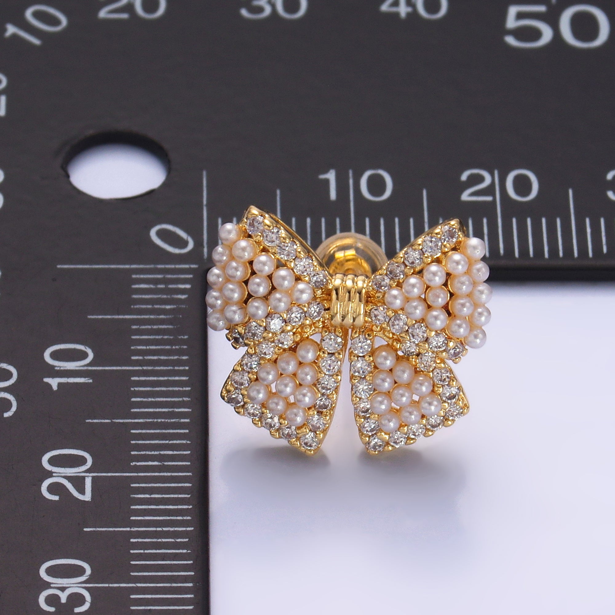 24K Gold Filled Shell Pearl Dotted Micro Paved CZ Ribbon Bow Stud Earrings in Gold & Silver | AB692 AB693