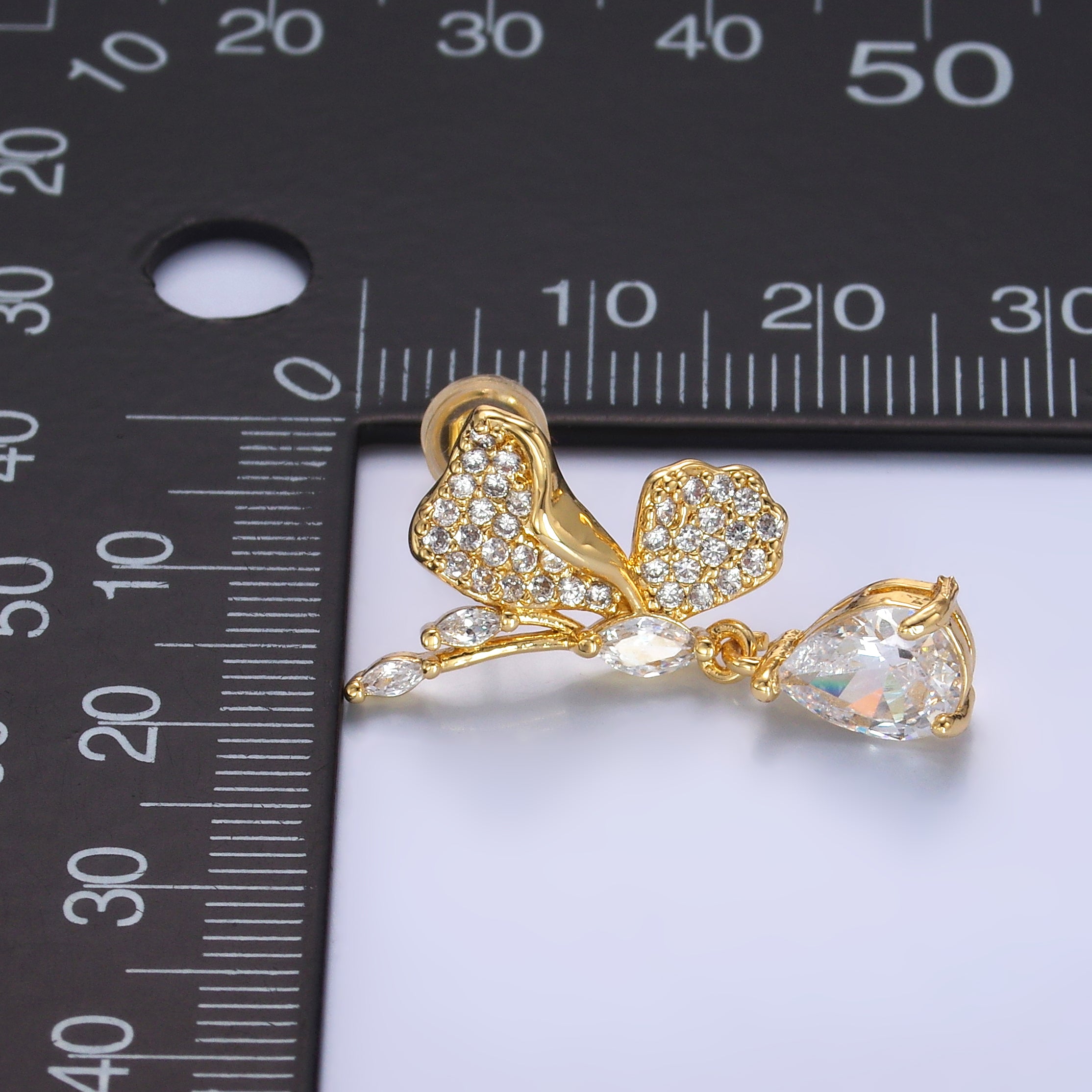 24K Gold Filled Butterfly Micro Paved CZ Teardrop Drop Stud Earrings Set | AB711
