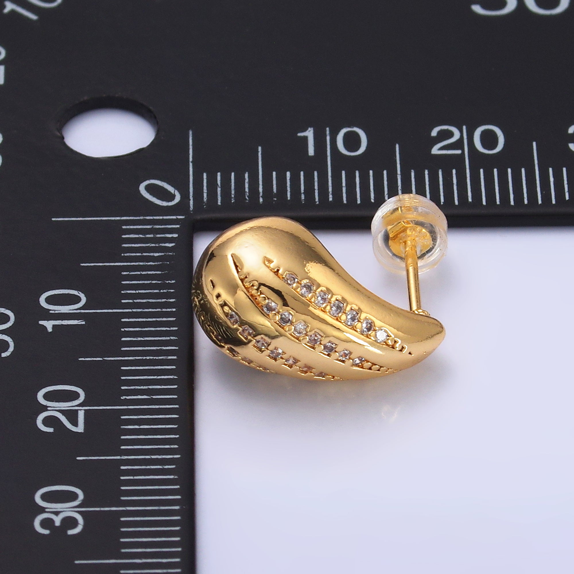 24K Gold Filled Linear Micro Paved CZ Teardrop Dome Hoop Stud Earrings | AD212