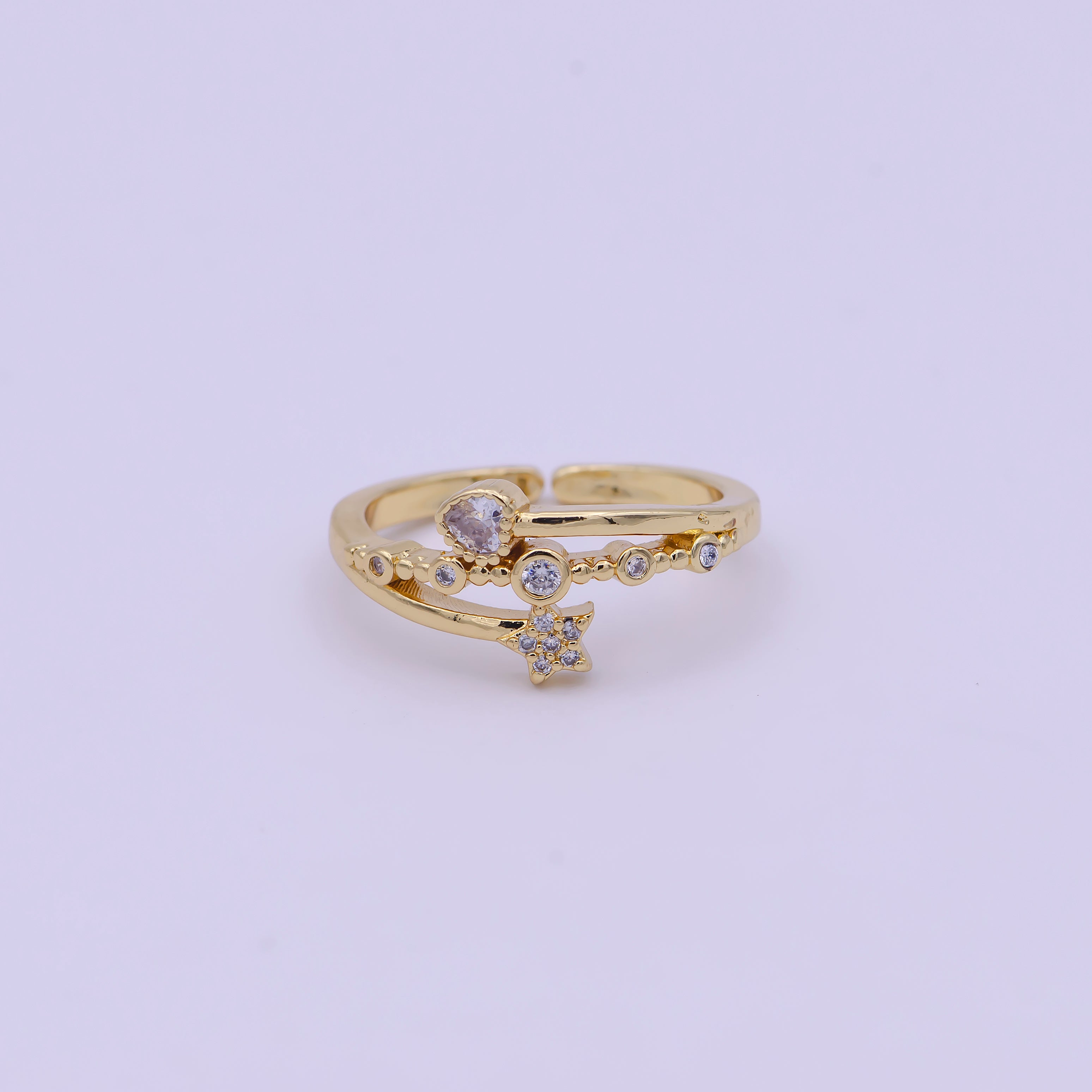 Unique Dainty 24K Gold Filled Heart Star Crystal Zirconia CZ Adjustable Promise Ring | U388 - DLUXCA