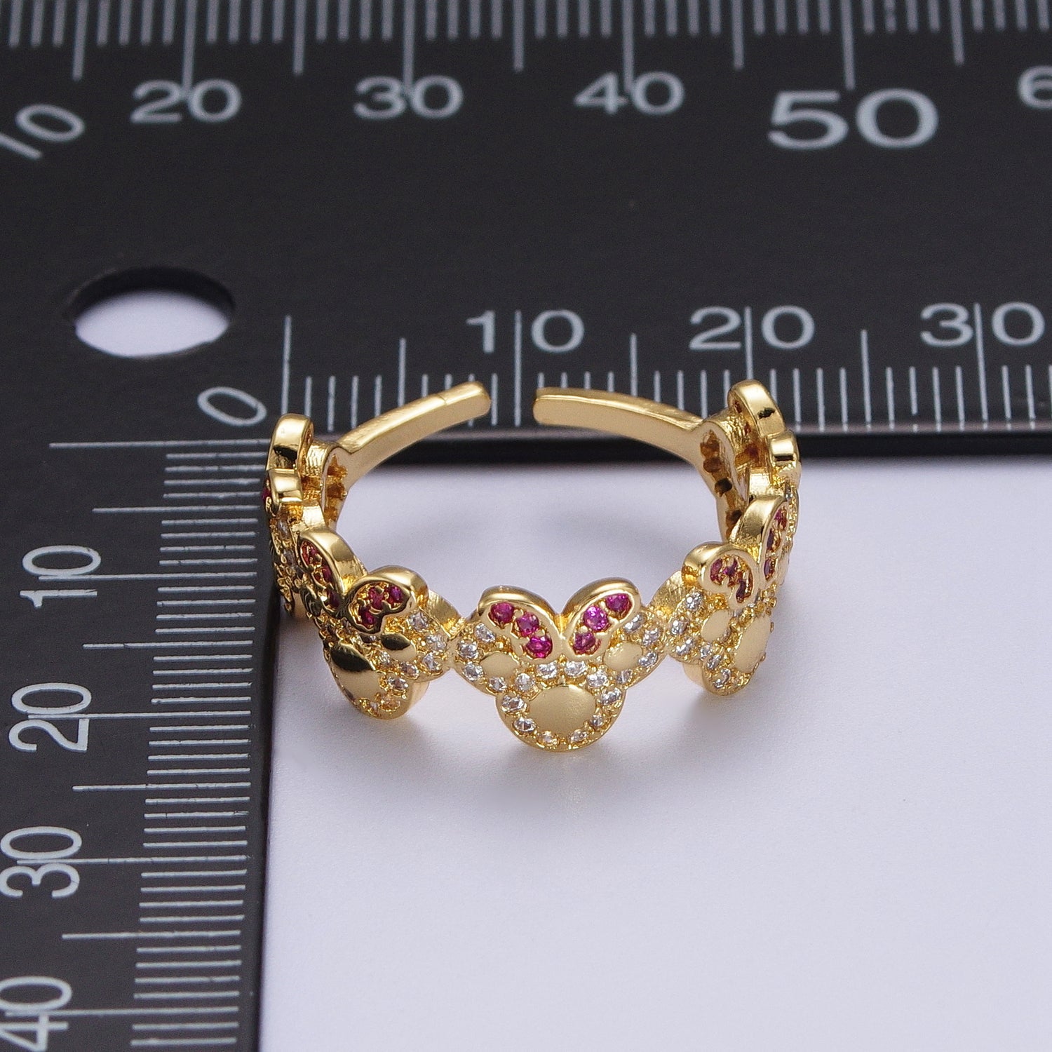Clear Micro Paved CZ Fuchsia-Bowed Mouses Adjustable Gold Ring | Y478 - DLUXCA