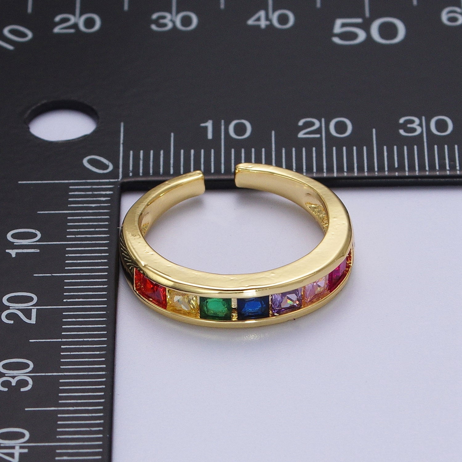 OS Gold Filled Rainbow Multicolor Square Baguette CZ Lined Band Ring | O-158
