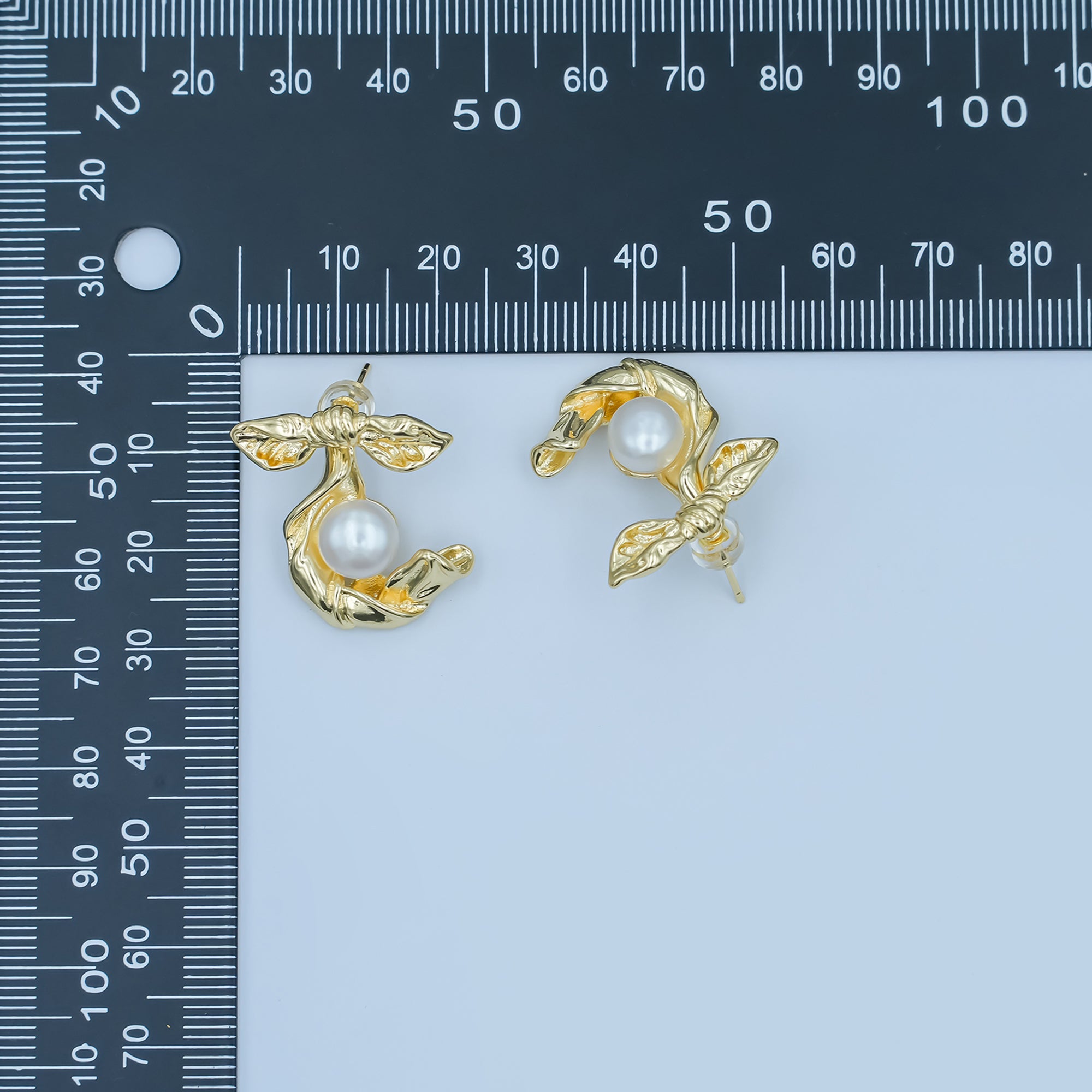 24K Gold Filled Shell Pearl Ribbon Bow Drop Stud Earrings | AD363