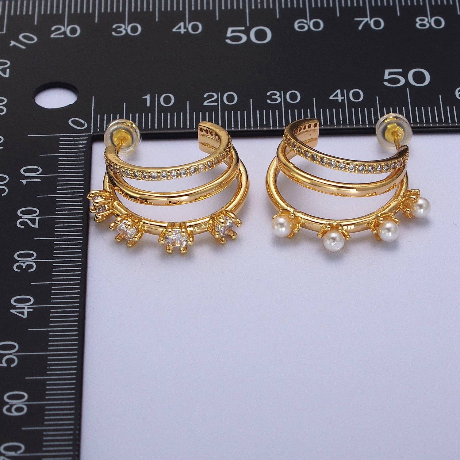 Mismatched Earrings Pearl with 16K Gold Filled Triple Hoop Earring Clear Micro Pave Earring  C-Shaped Geometric Hoop Earrings | AE-544 - DLUXCA