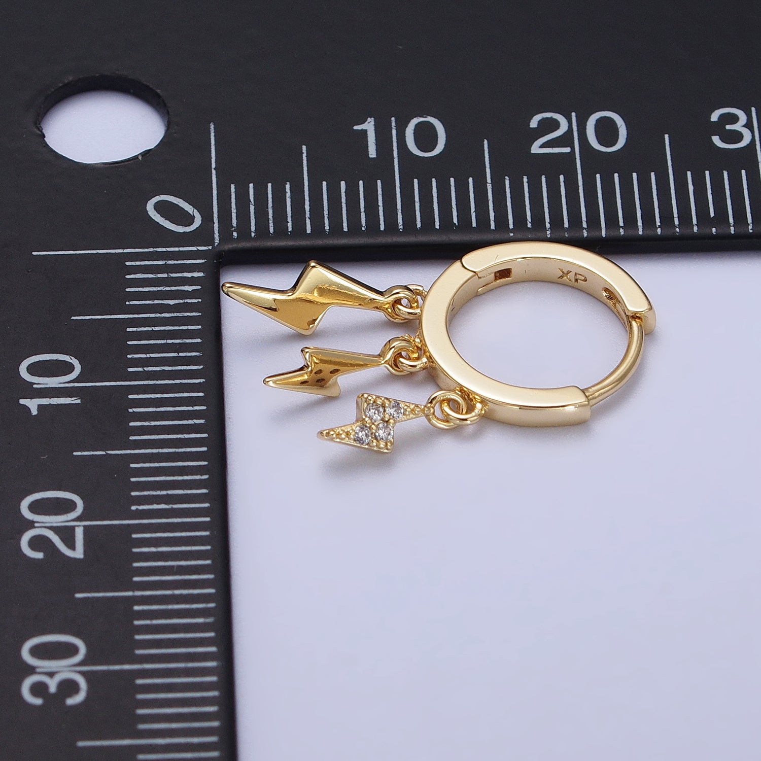 Gold Triple Clear Micro Paved CZ Lightning Bolt Dangle Drop 14mm Huggie Earrings | AB245 - DLUXCA