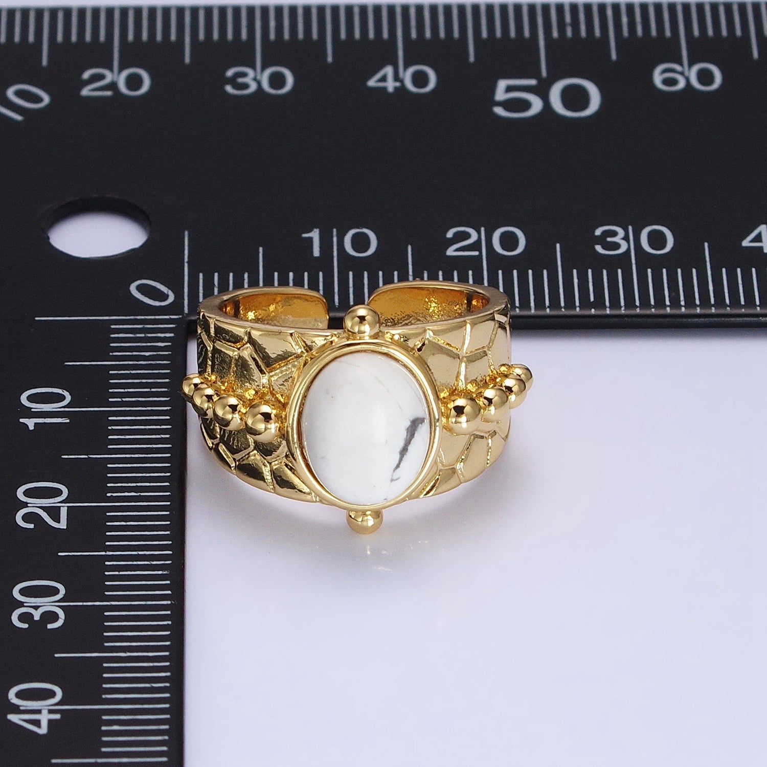 Magnesite, White Opal, Lapis Lazuli Natural Gemstone Beaded Lined Textured Gold Band Ring | AB1316 AB1317 AB1319 - DLUXCA