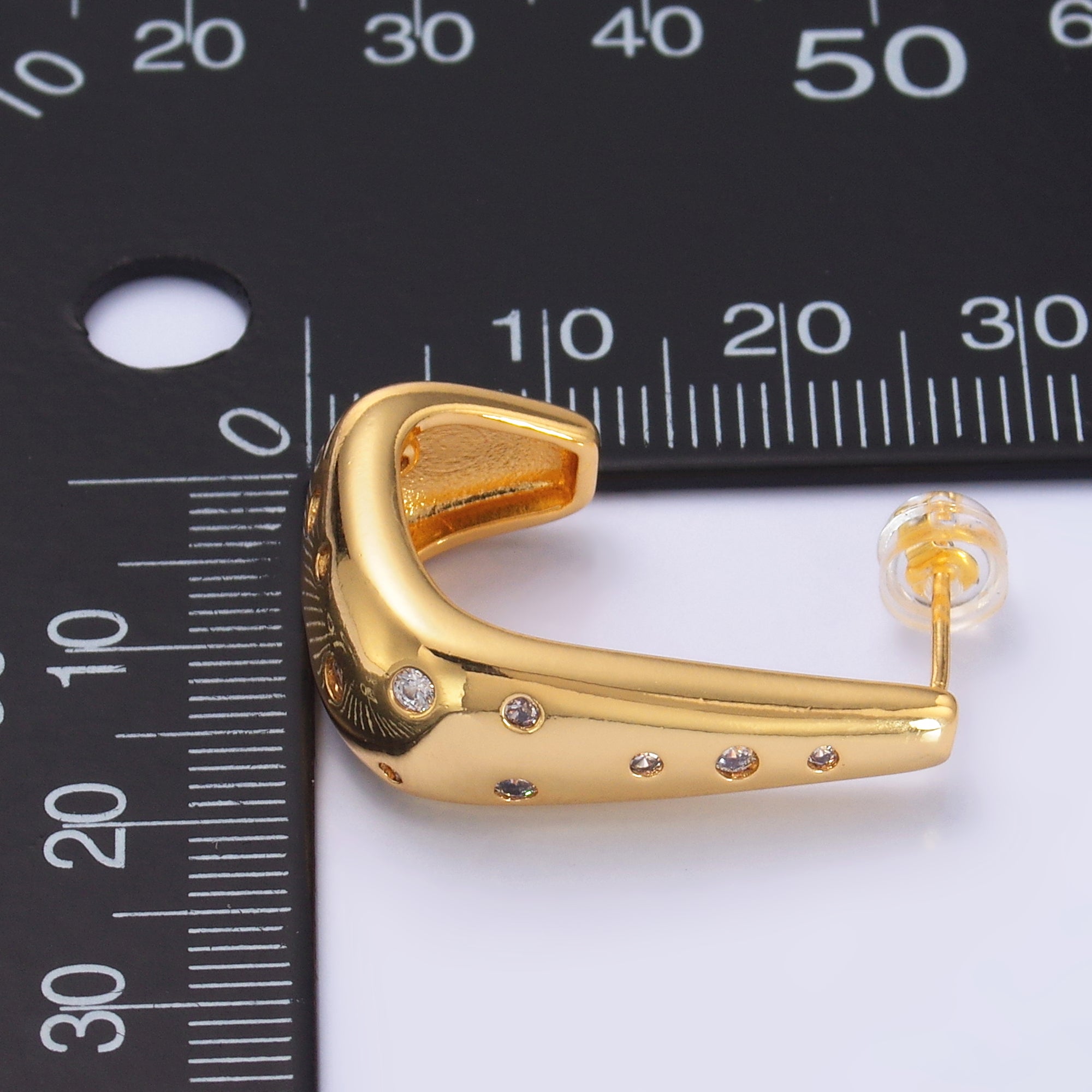 24K Gold Filled 25mm Clear CZ Dotted J-Shaped Hoop Earrings | AD200