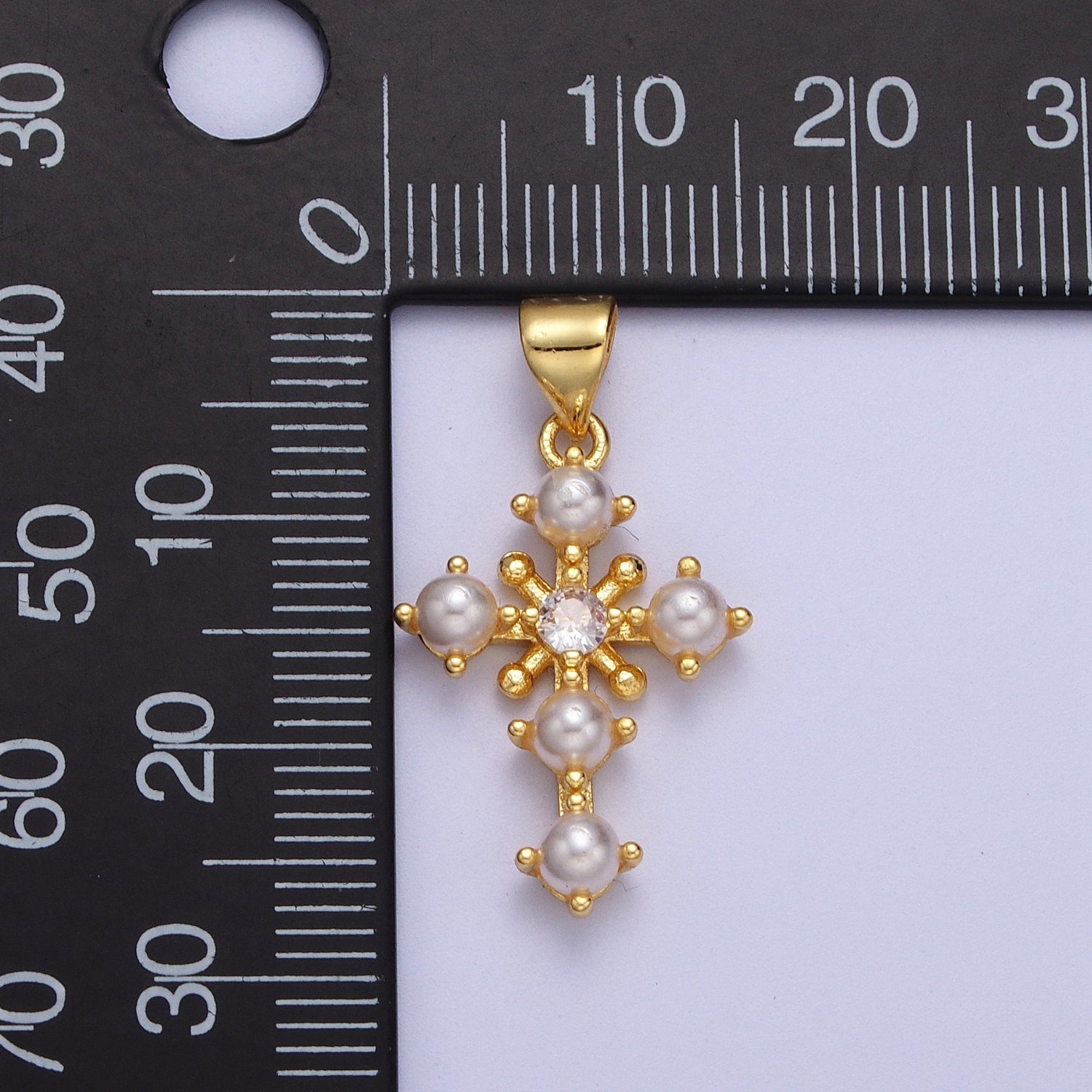 24K Gold Filled CZ Shell Pearl Religious Cross Pendant | H663