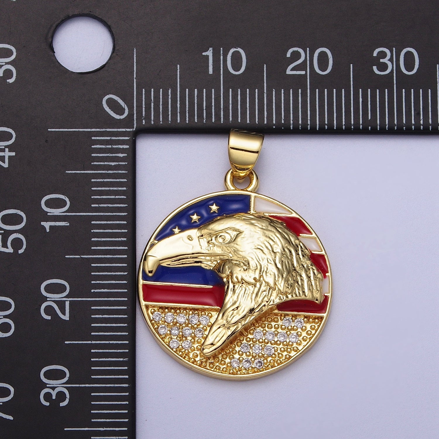 24K Gold Filled Micro Paved American Eagle Flag Enamel Round Pendant | I188 - DLUXCA