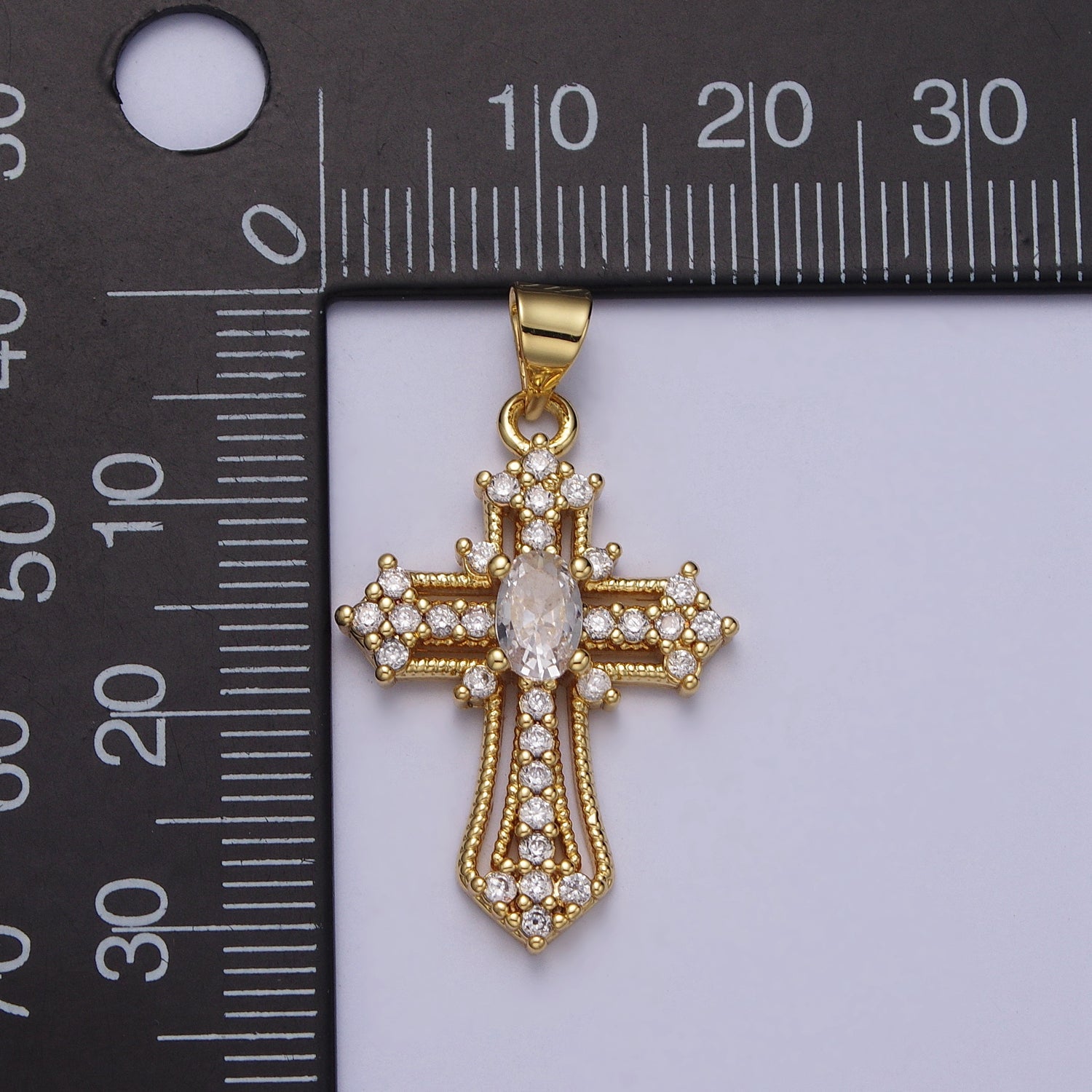 24K Gold Filled Clear, Multicolor Micro Paved Oval CZ Passion Cross Religious Pendant | X-504 X-505
