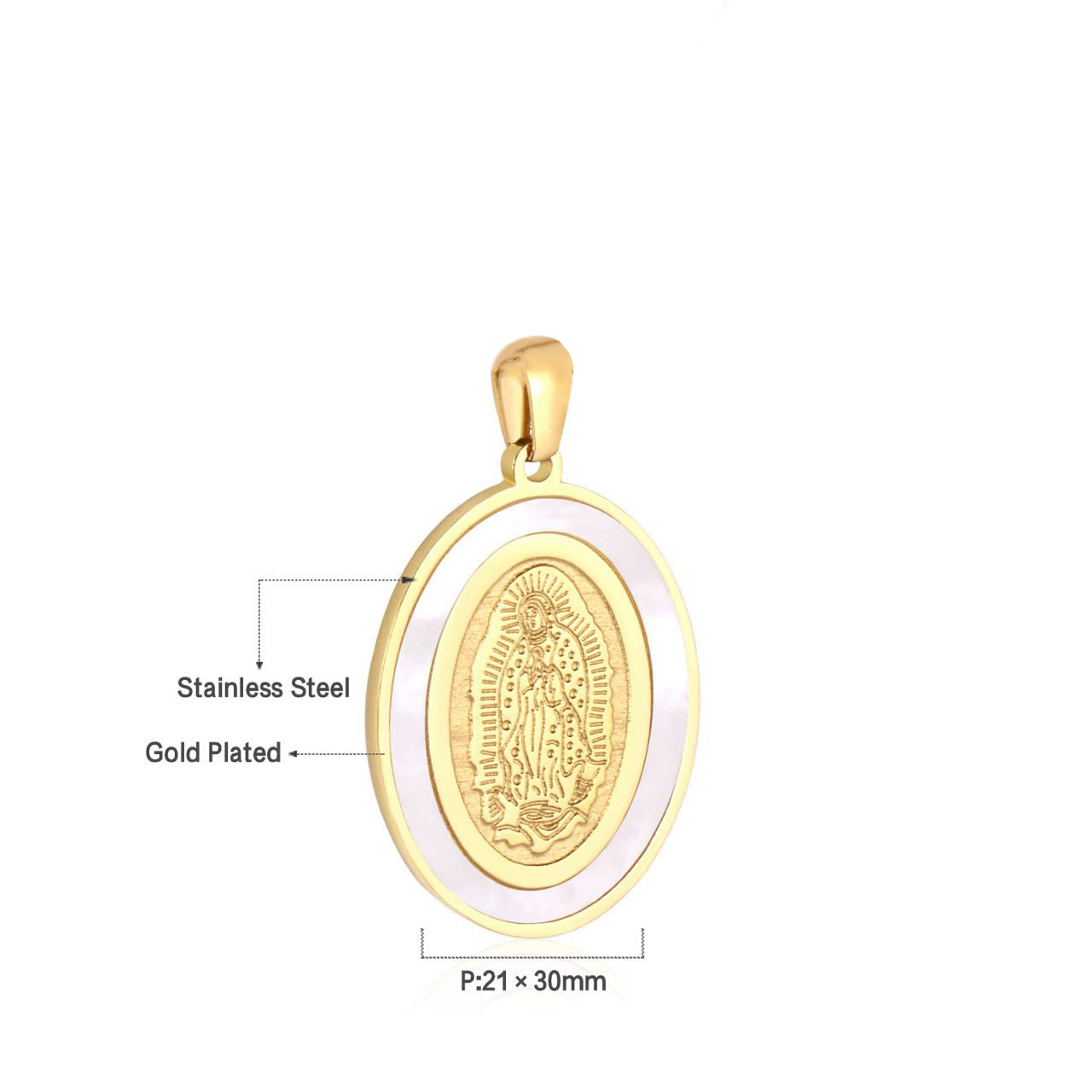 Stainless Steel Mother Virgin Mary Guadalupe Engraved Shell Pearl Oval Pendant in Gold & Silver J-745 J-748