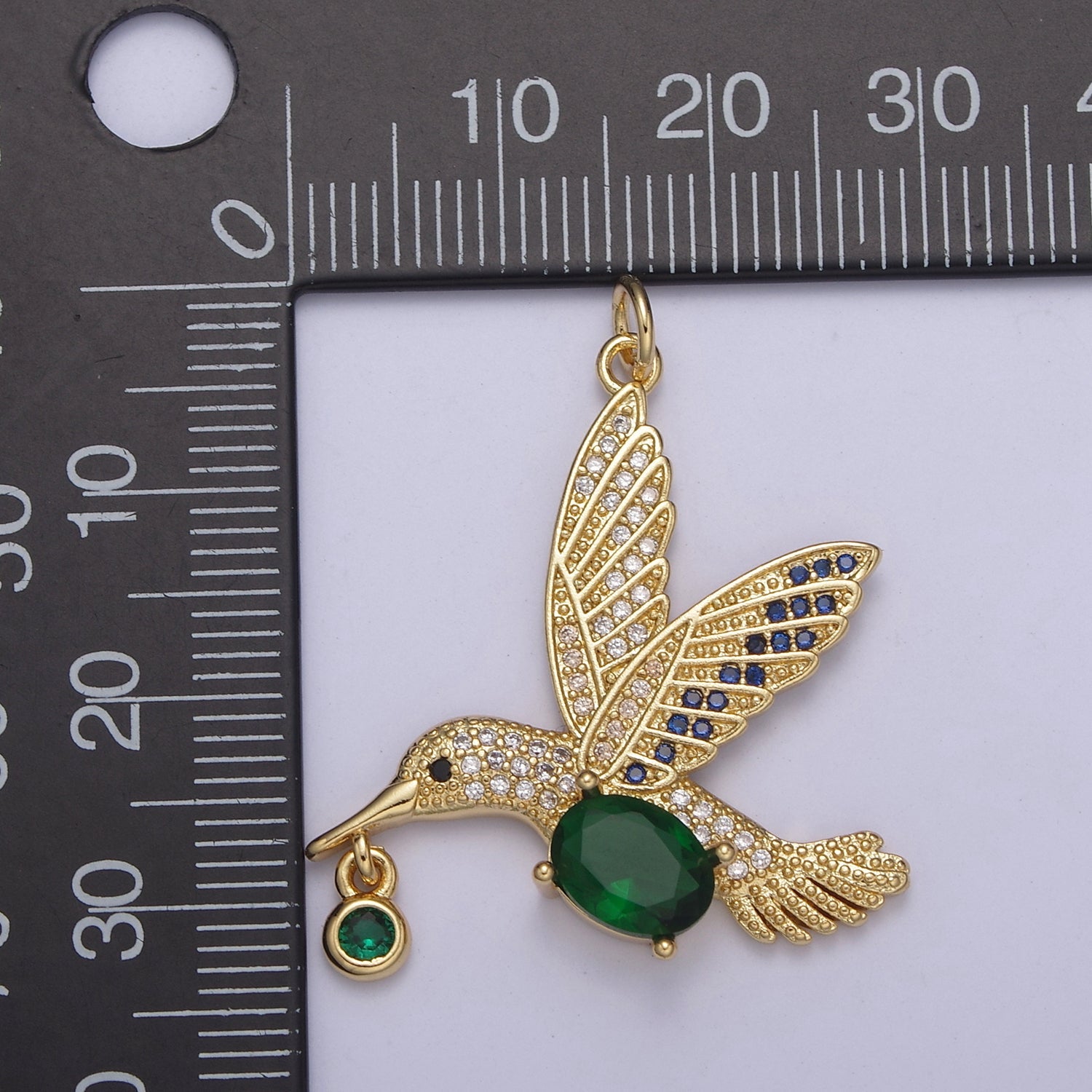 Gold Hummingbird Charm 24k Gold Filled Humming Bird Pendant 36mmx28.1mm gold Green Cz Animal jewelry C-308