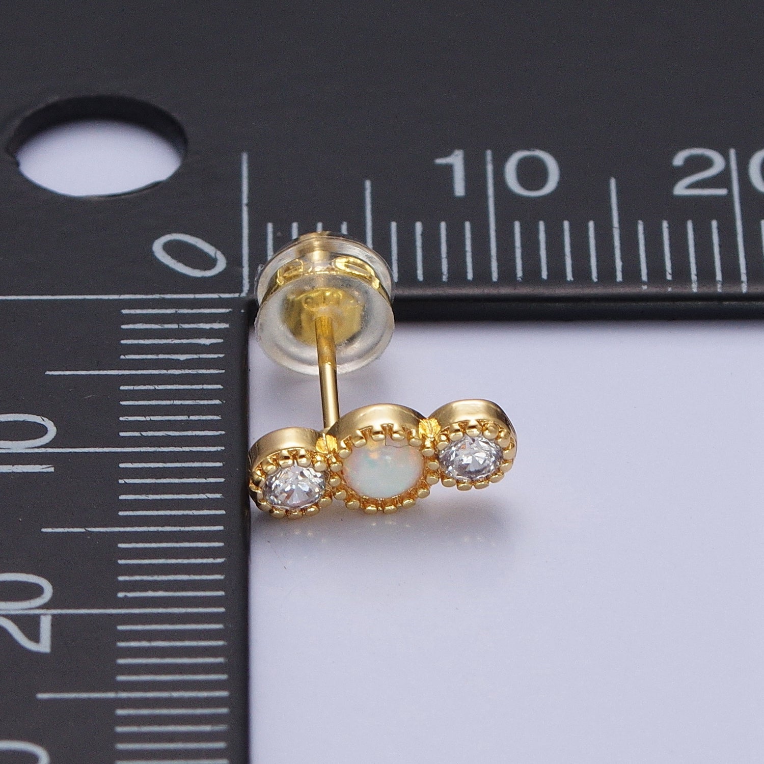 14K Gold Filled Triple Round White Opal Clear Cubic Zirconia Stud Earrings | Y087