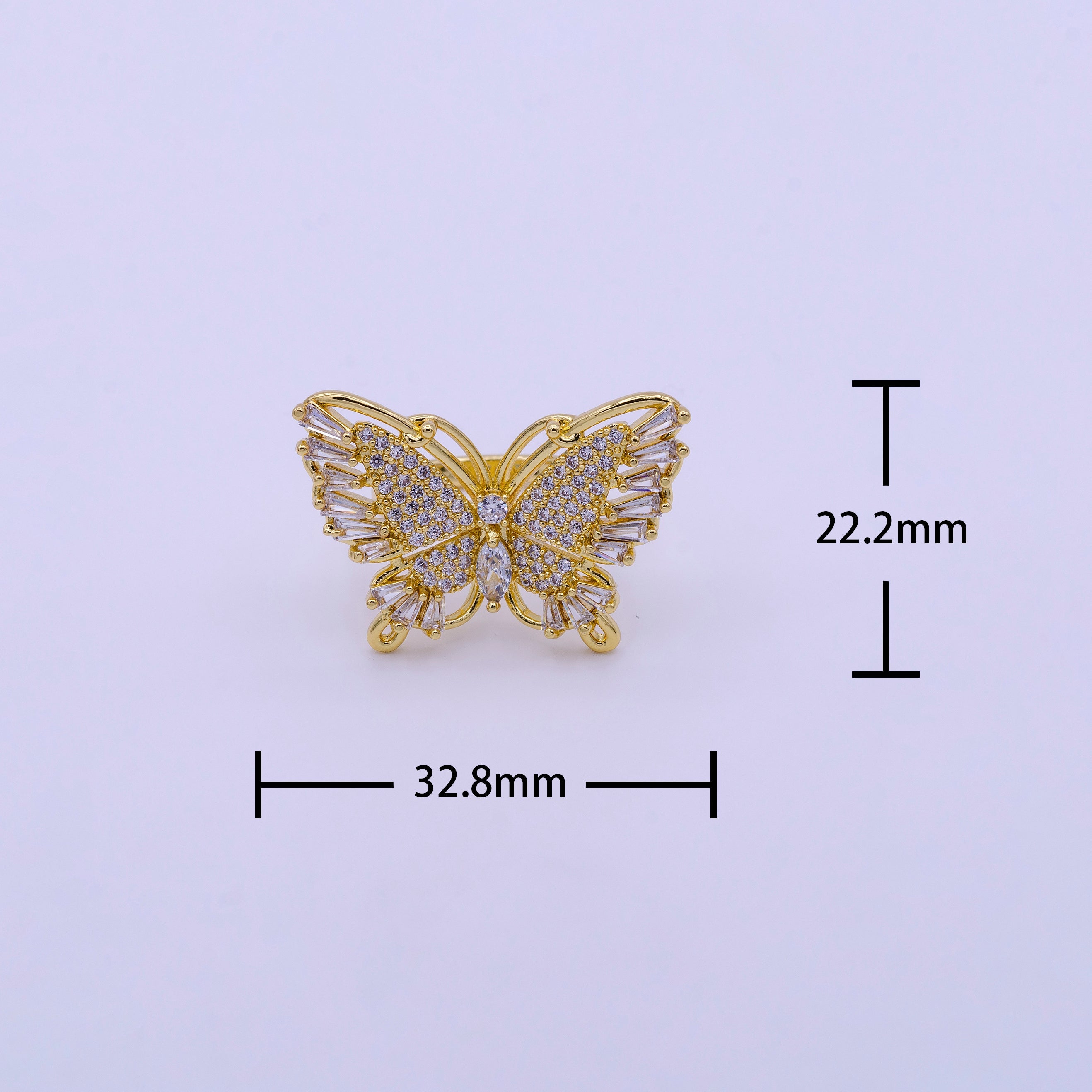 24K Gold Filled Antenna Monarch Butterfly Marquise Baguette Micro Paved Wings Ring | AA1321 - DLUXCA