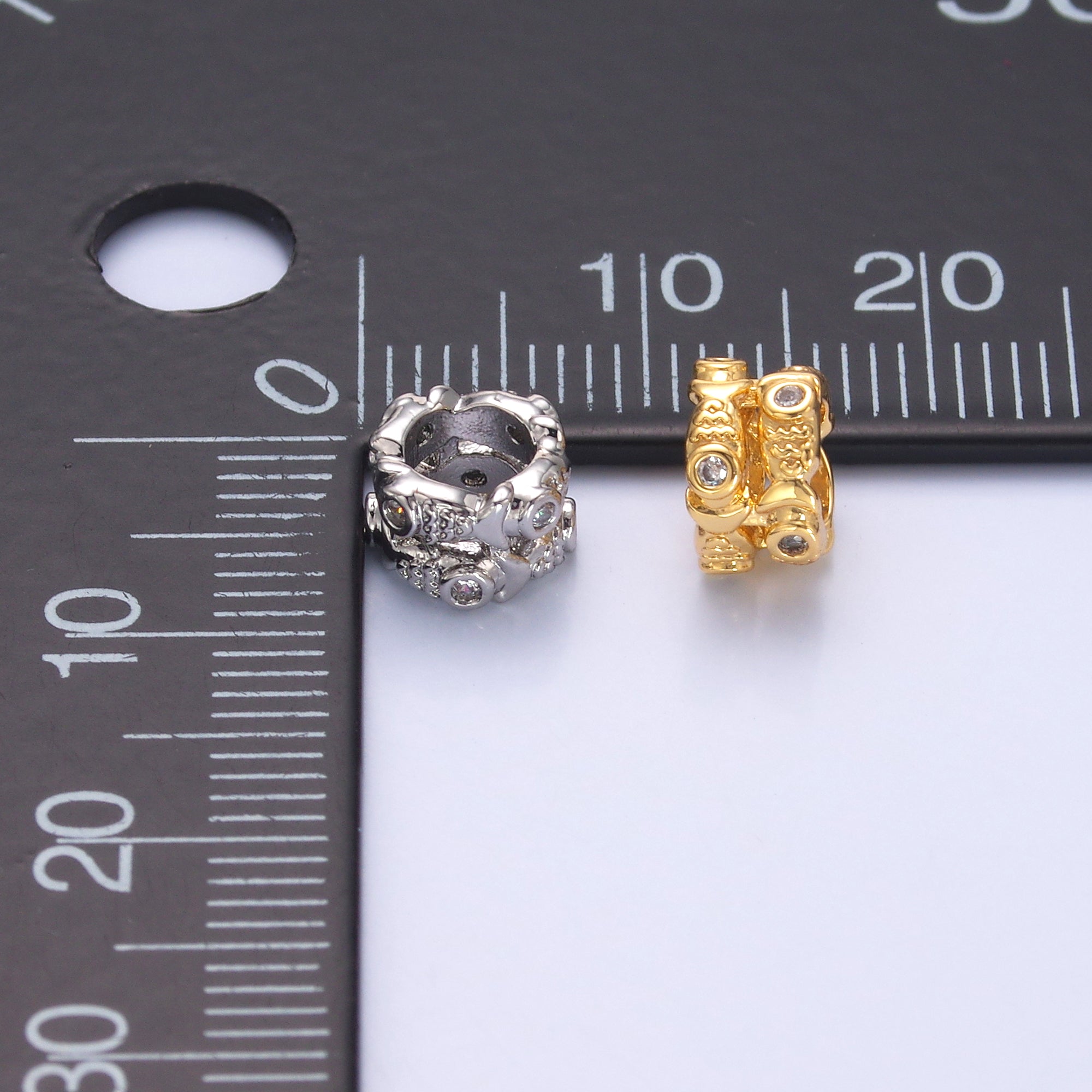 24K Gold Filled Double Fish Clear CZ Rhondelle Bead in Gold & Silver | B646