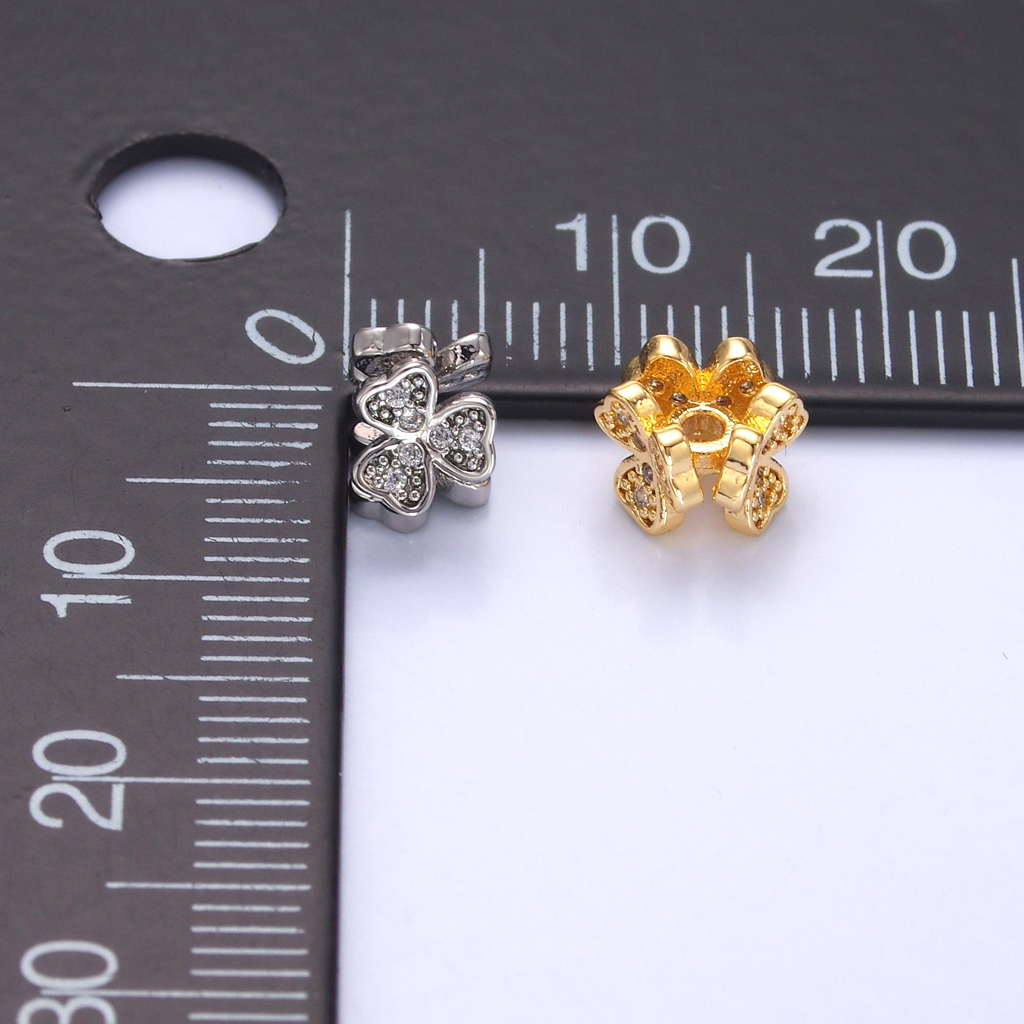 24K Gold Filled Micro Paved CZ Clover Flower Bead in Gold & Silver | B647